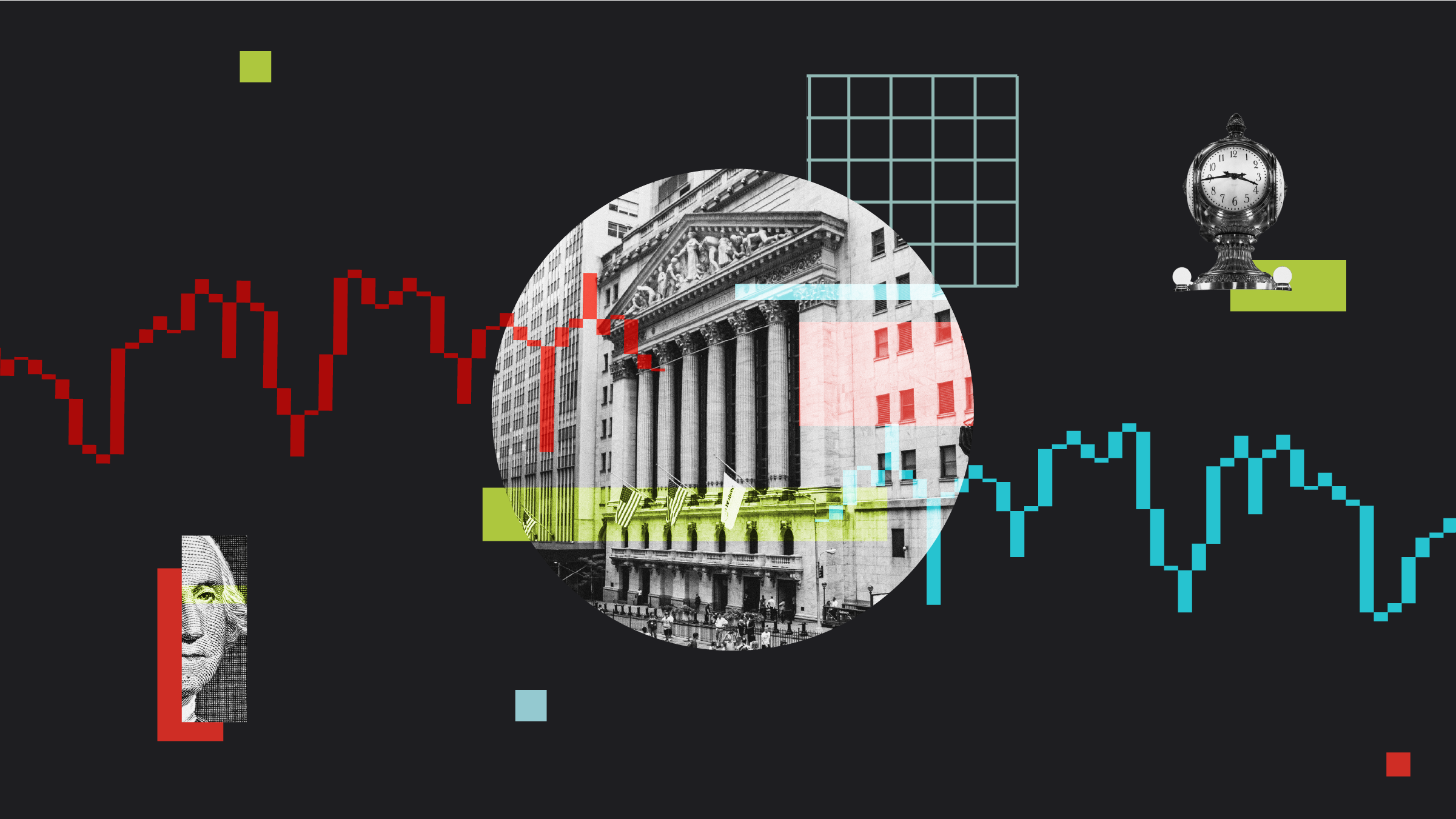 Illustration collage of new york stock exchange with graphical elements