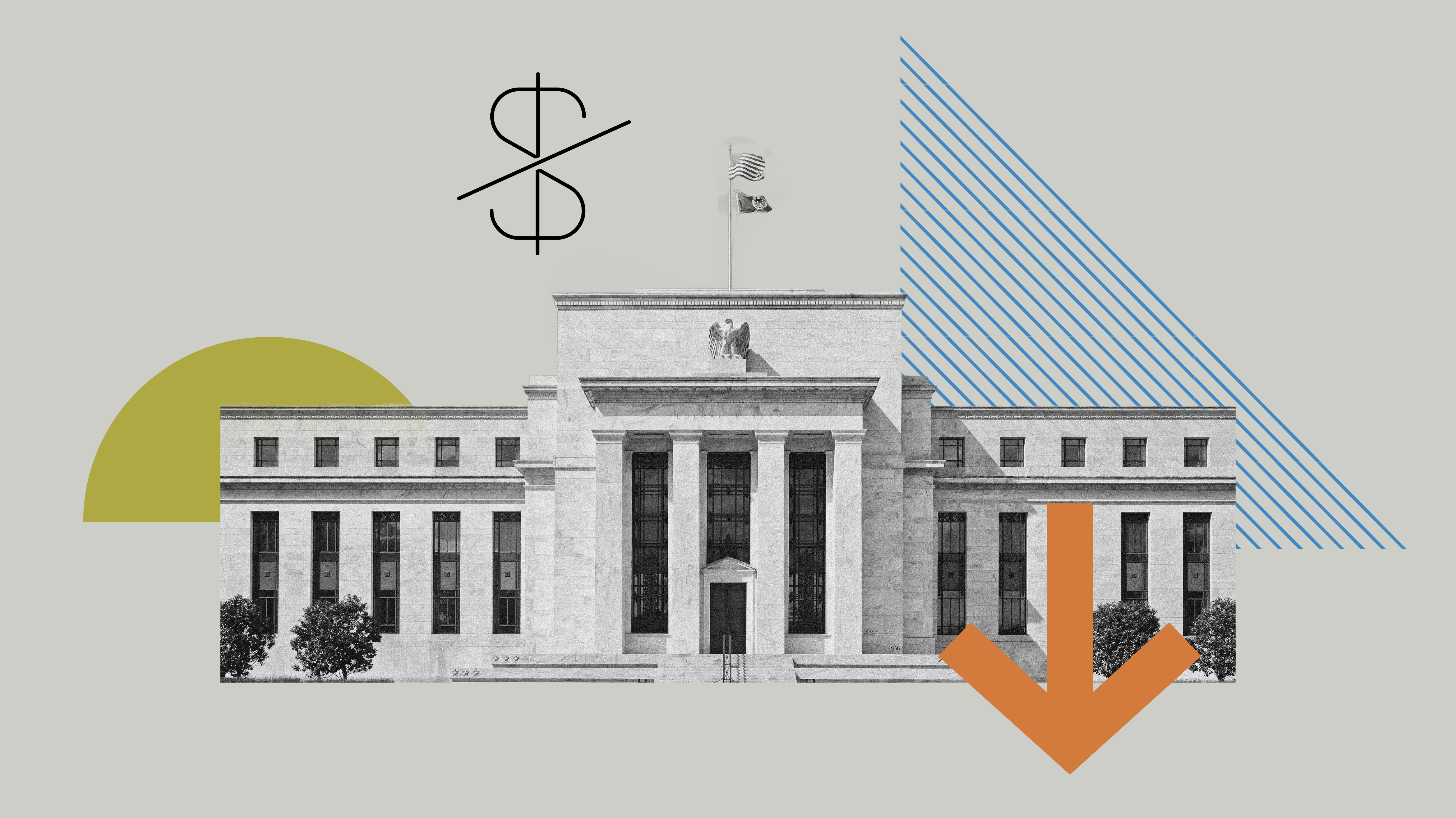 Photo collage illustration of the U.S. Federal Reserve building with shapes and icons, including a dollar sign cut in half