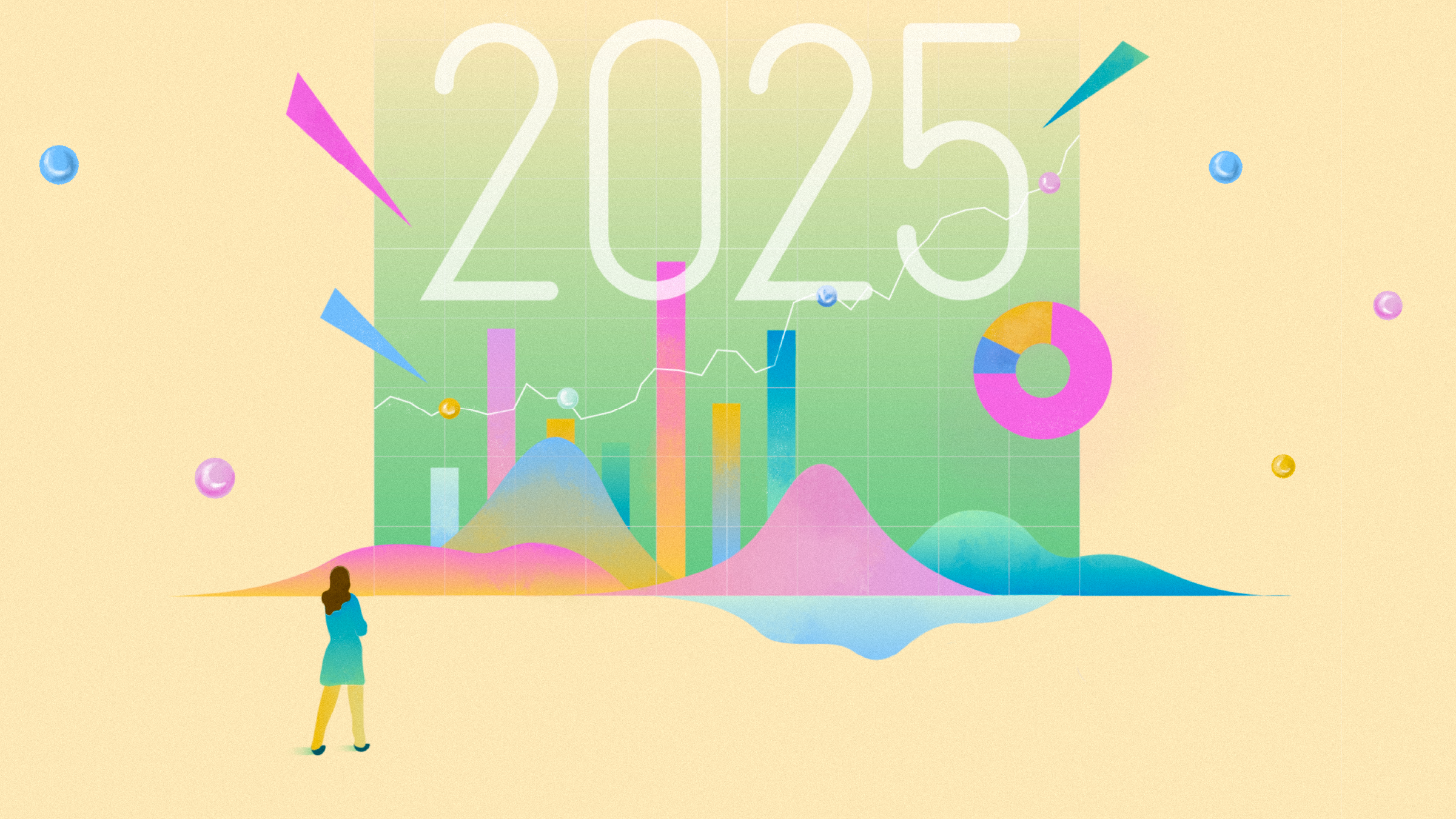 Illustration of graphical elements with the year '2024' at the center and a person looking into the distance