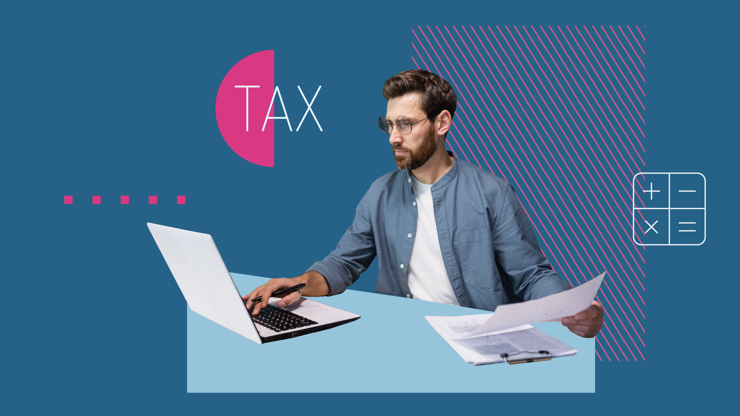 Collage of a man reviewing financial papers and looking at a computer, with background shapes and icons, including the word &apos;Tax&apos; and a calculator