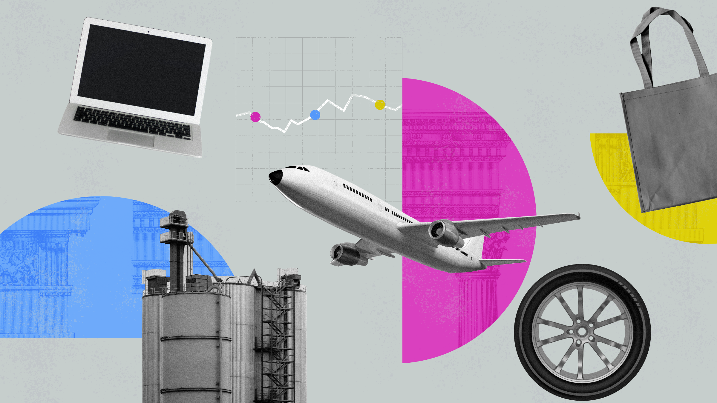 Collage mit Fabrik, Flugzeug, Computer, Reifen und Einkaufstasche, um den Zustand der Wirtschaft darzustellen.