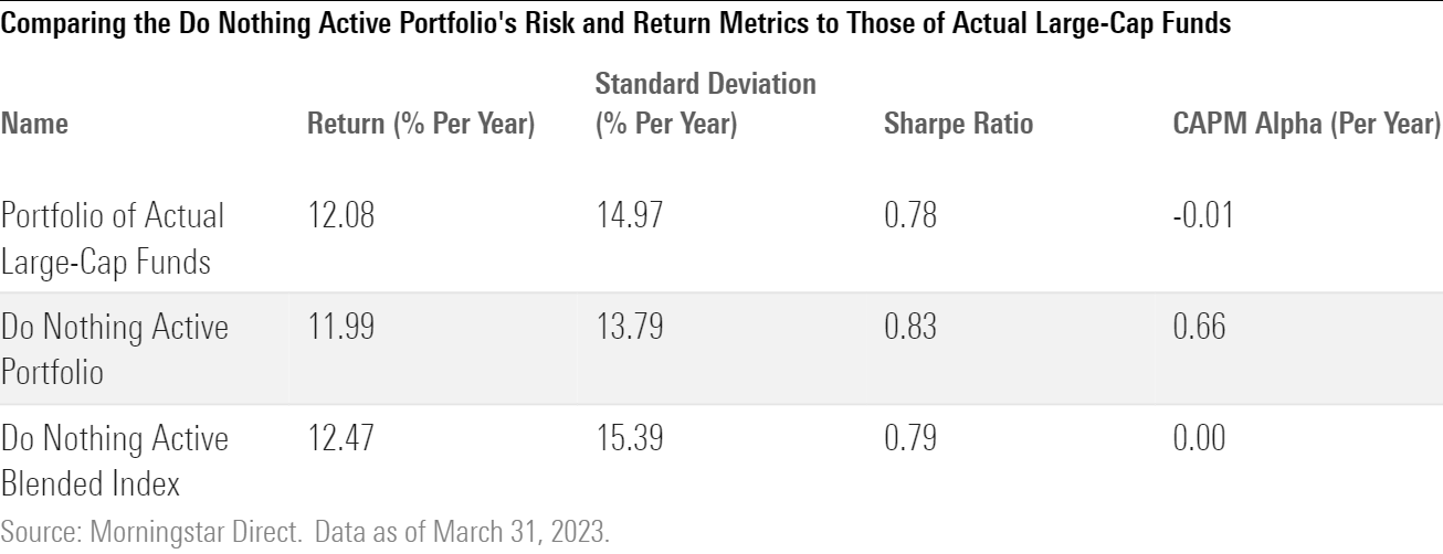 A table comparing the Do Nothing Active Portfolio's risk ad return metrics to those of actual large-cap funds.