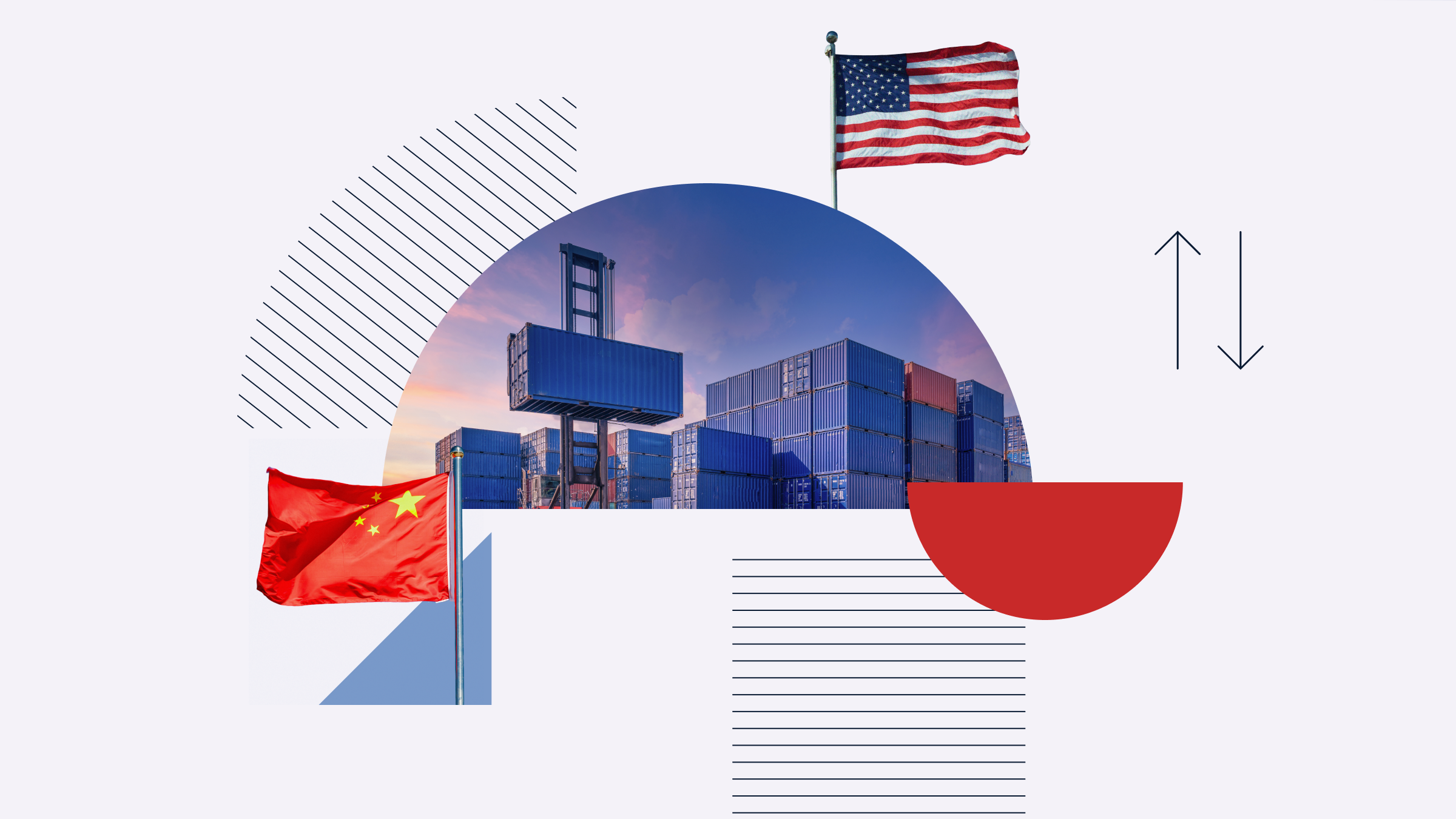 Collage illustration of a cargo ship, U.S. and China flags, and volatility symbols.