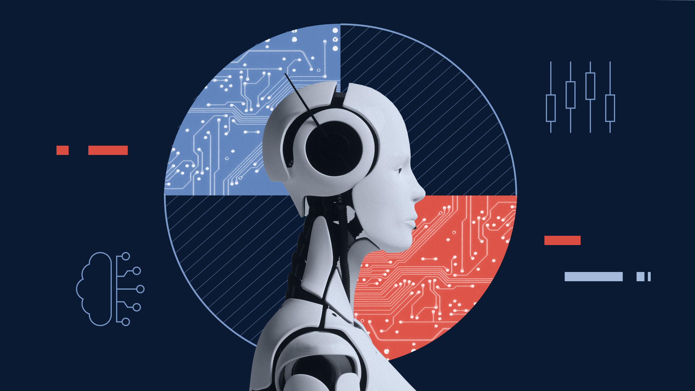 Illustrazione a collage di un robot e di un semiconduttore, con elementi grafici sullo sfondo.