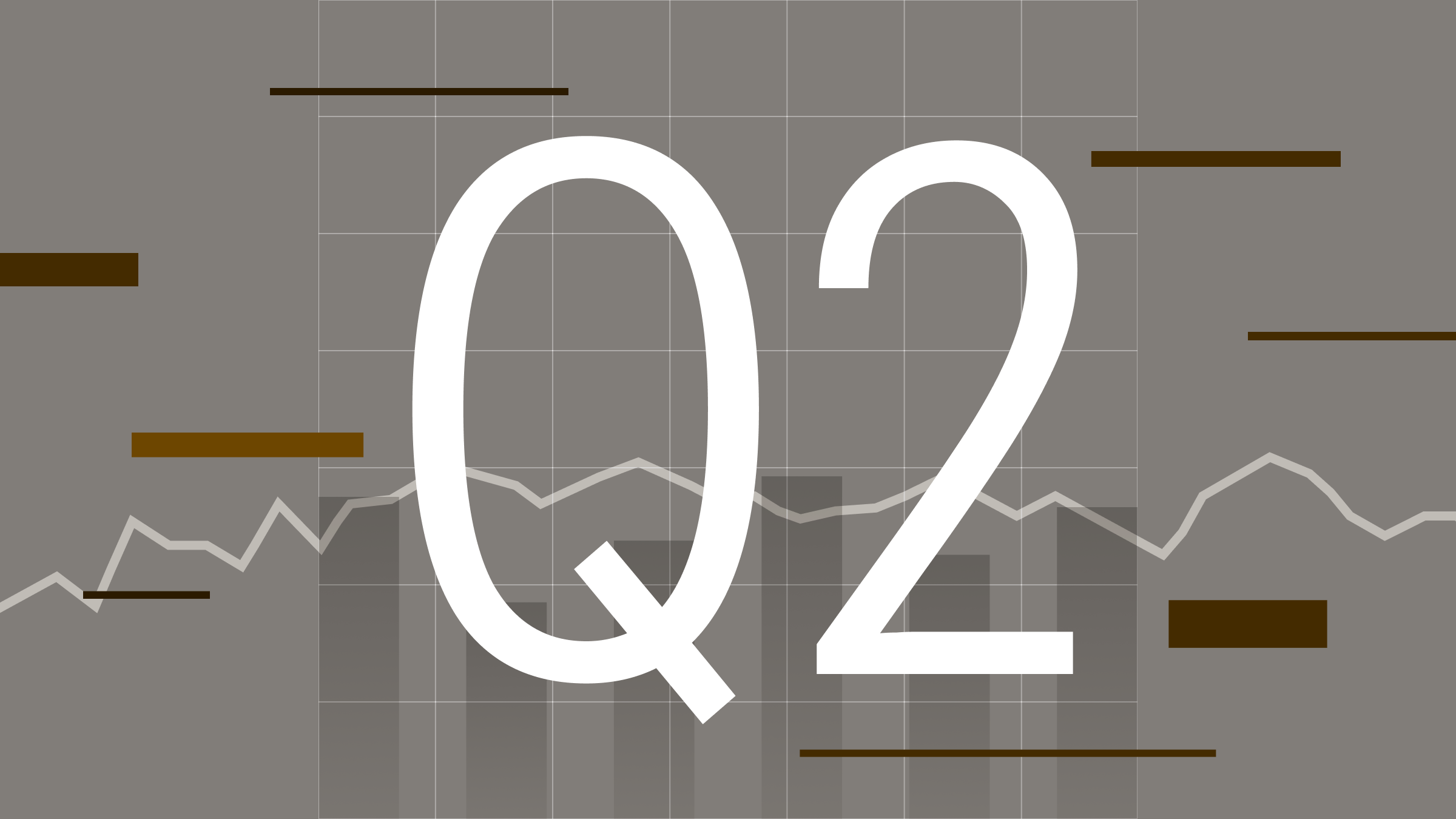 Illustration of chart elements on a grey background with 'Q2' at the center, showing a neutral quarter