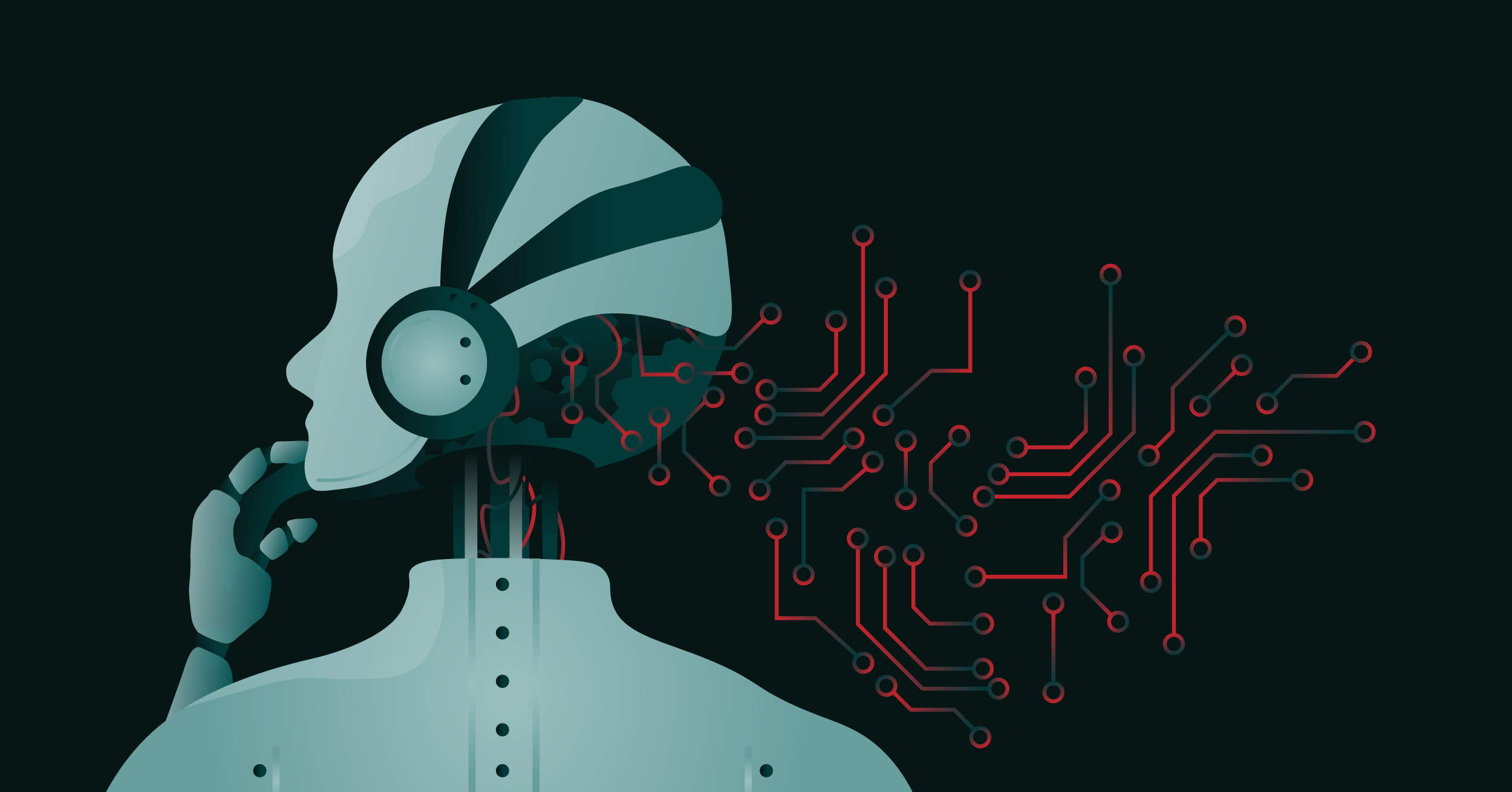 Illustration of AI depicted by a robot in thought with red and green circuit wires extending from its head, representing the robot&apos;s cognitive process