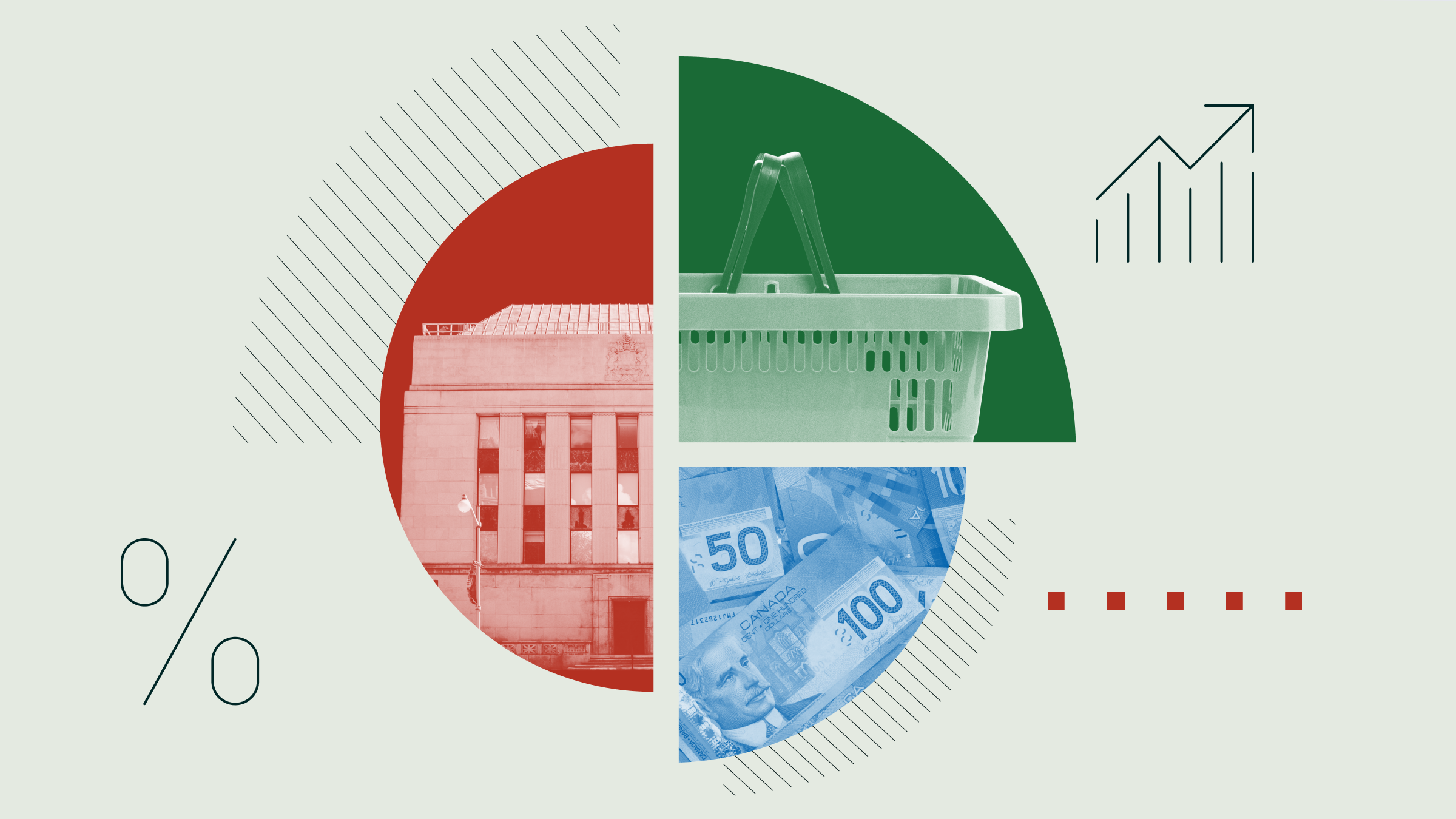 Illustration de collage d&apos;un diagramme circulaire avec des images de la Banque du Canada, d&apos;un chariot de supermarch&eacute; et de billets de banque.