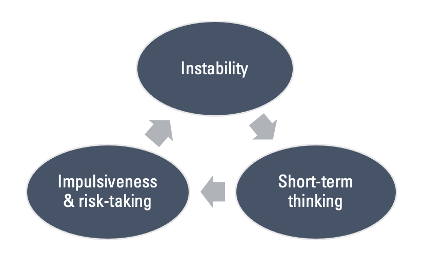 Graphic showing a cycle from instability to short-term thinking to impulsiveness and risk taking back to instability.