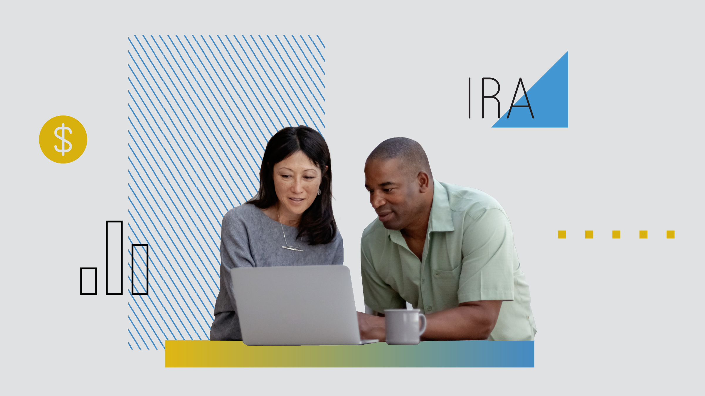 Photo Illustration of a couple looking at a computer screen with chart elements, shapes, and an IRA icon floating around them