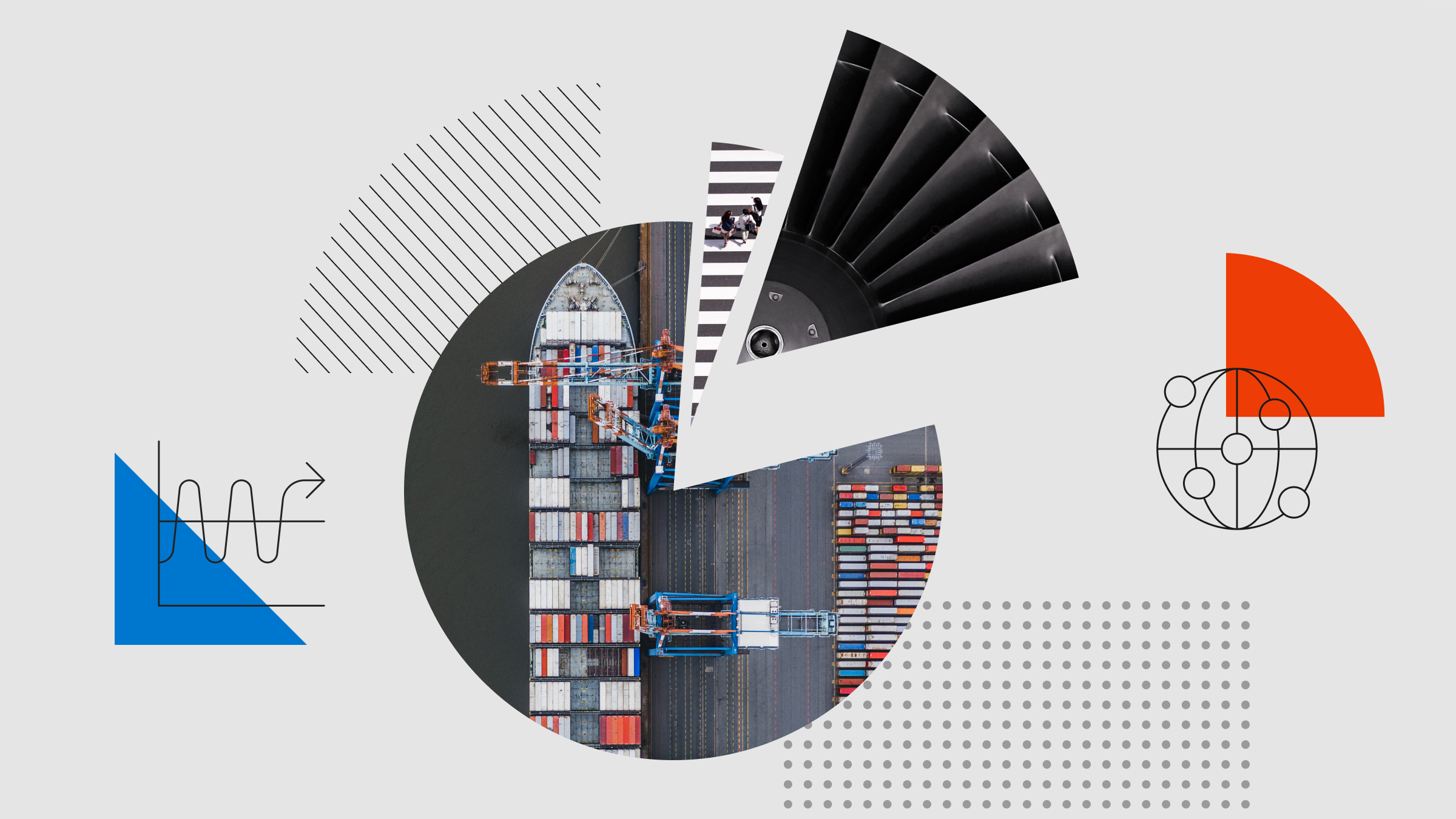 Collage-style illustration of a pie chart with segments containing photographs of shipping containers on ship, industrial equipment, and people at a crosswalk.