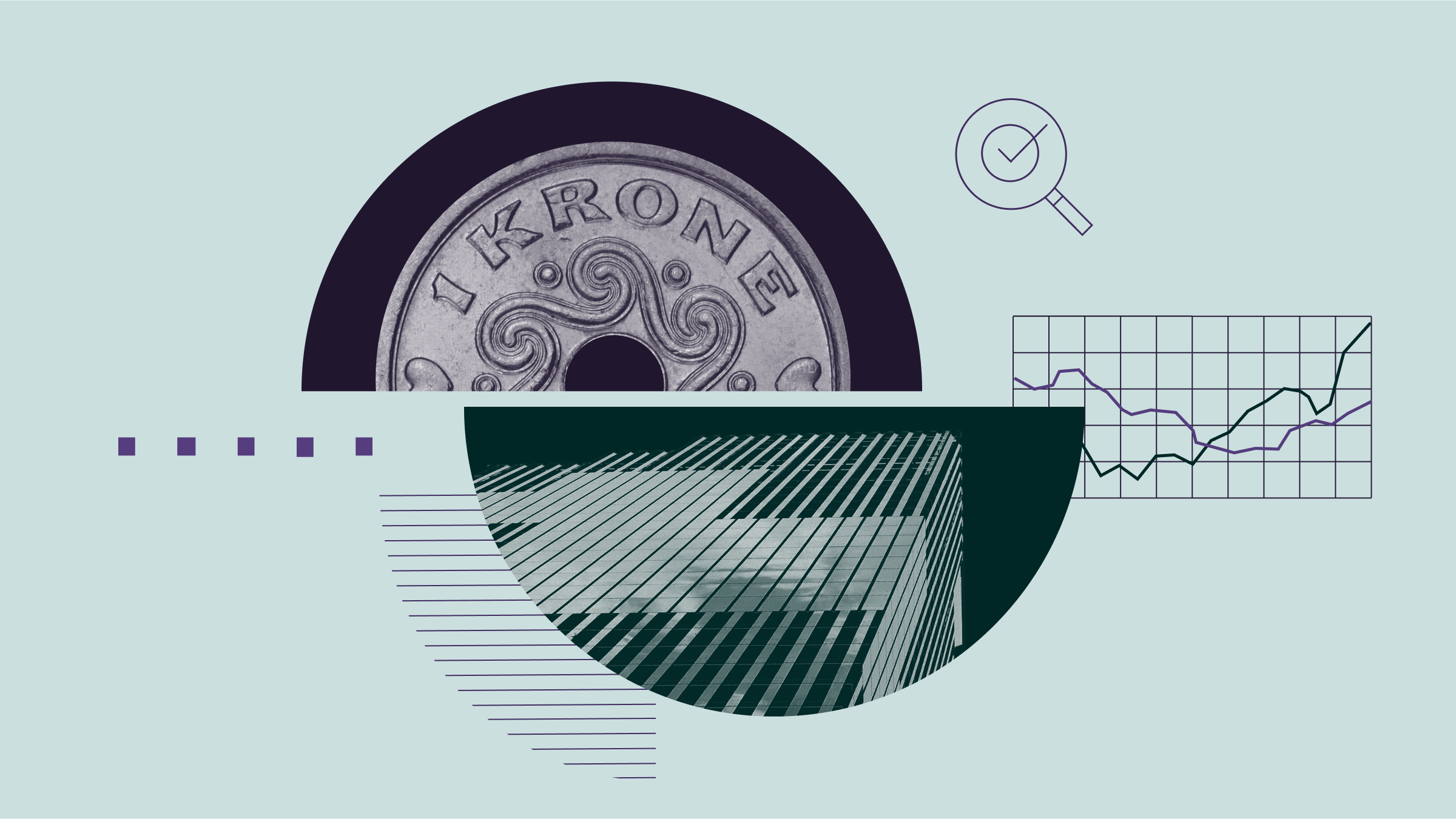 Collage illustration of a pie chart with images of the Oslo, an upward arrow, and currency.