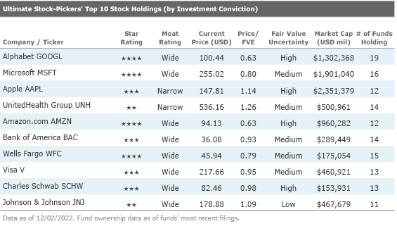 listing of top 10 stock holdings, their star ratings, and data