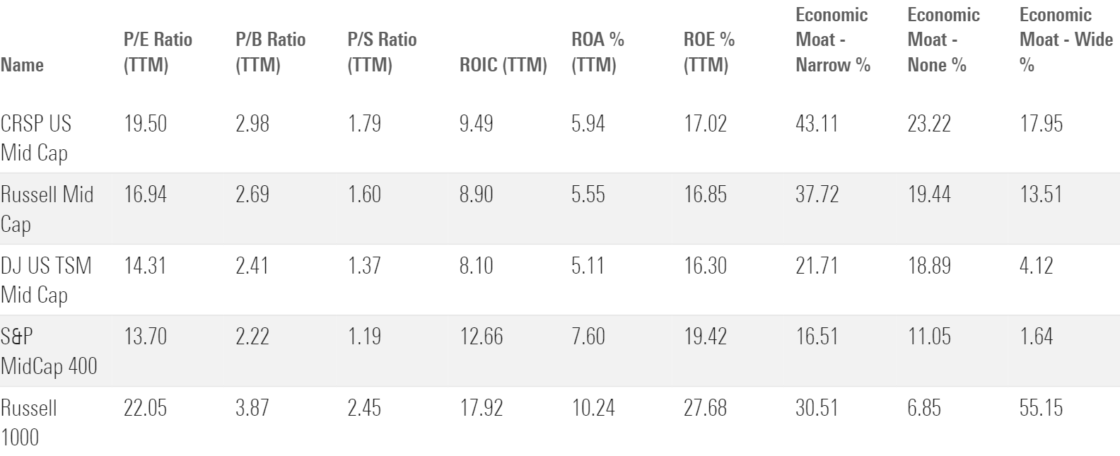 This table showcases the characteristics of mid-cap indexes as of July 2023.