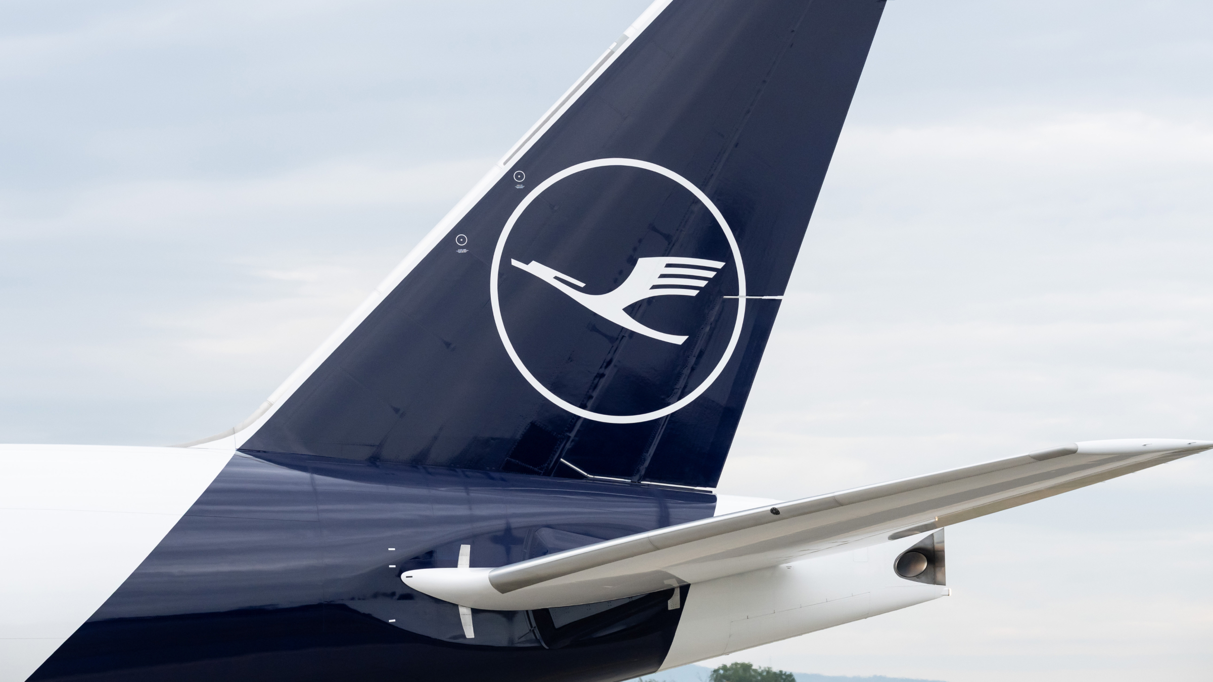 Das Logo der Fluggesellschaft Lufthansa ist auf einer Boeing 777 zu sehen.