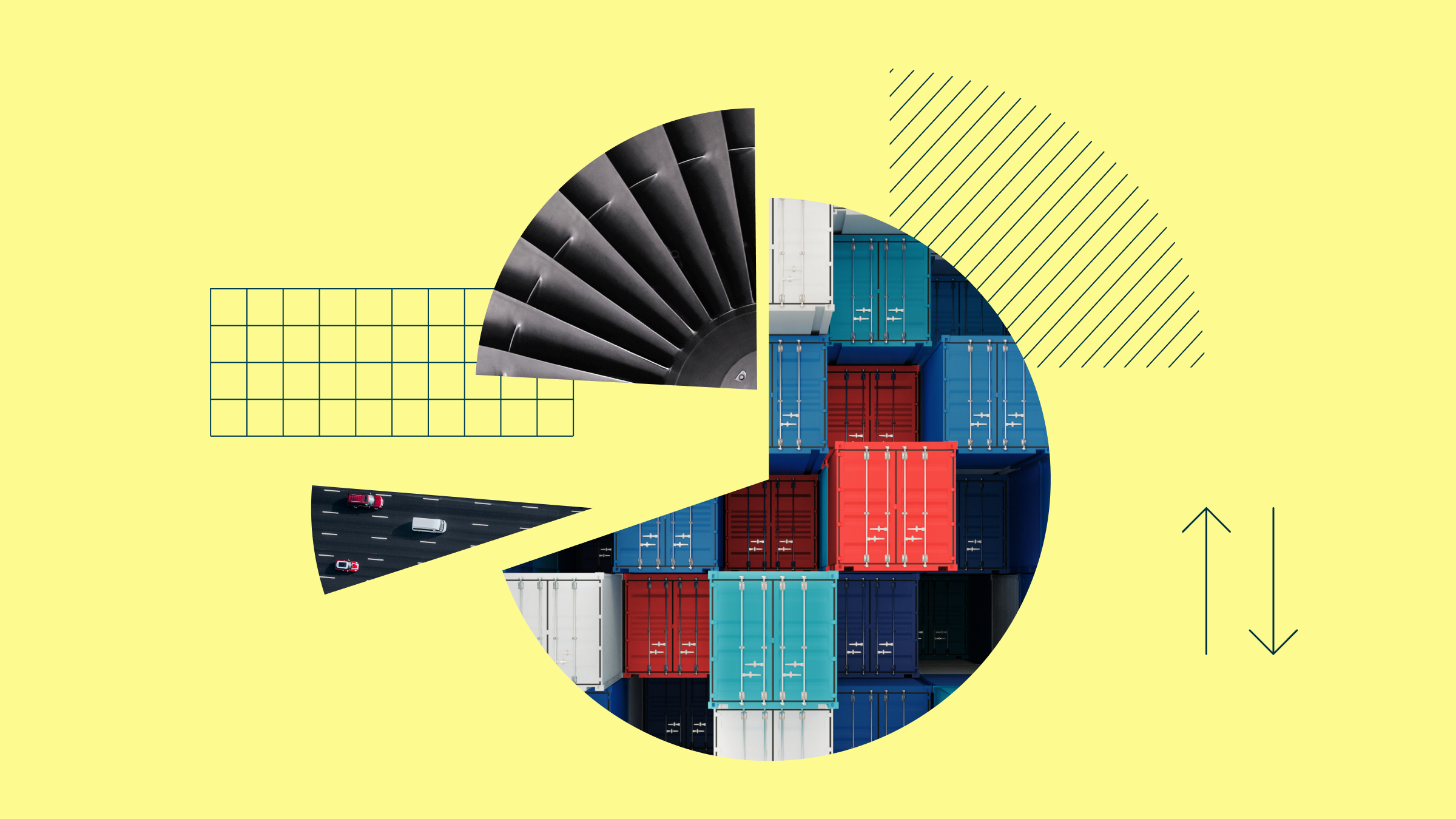 Collage-style illustration of a pie chart with segments containing photographs of shipping containers, industrial equipment, and cars on a highway.