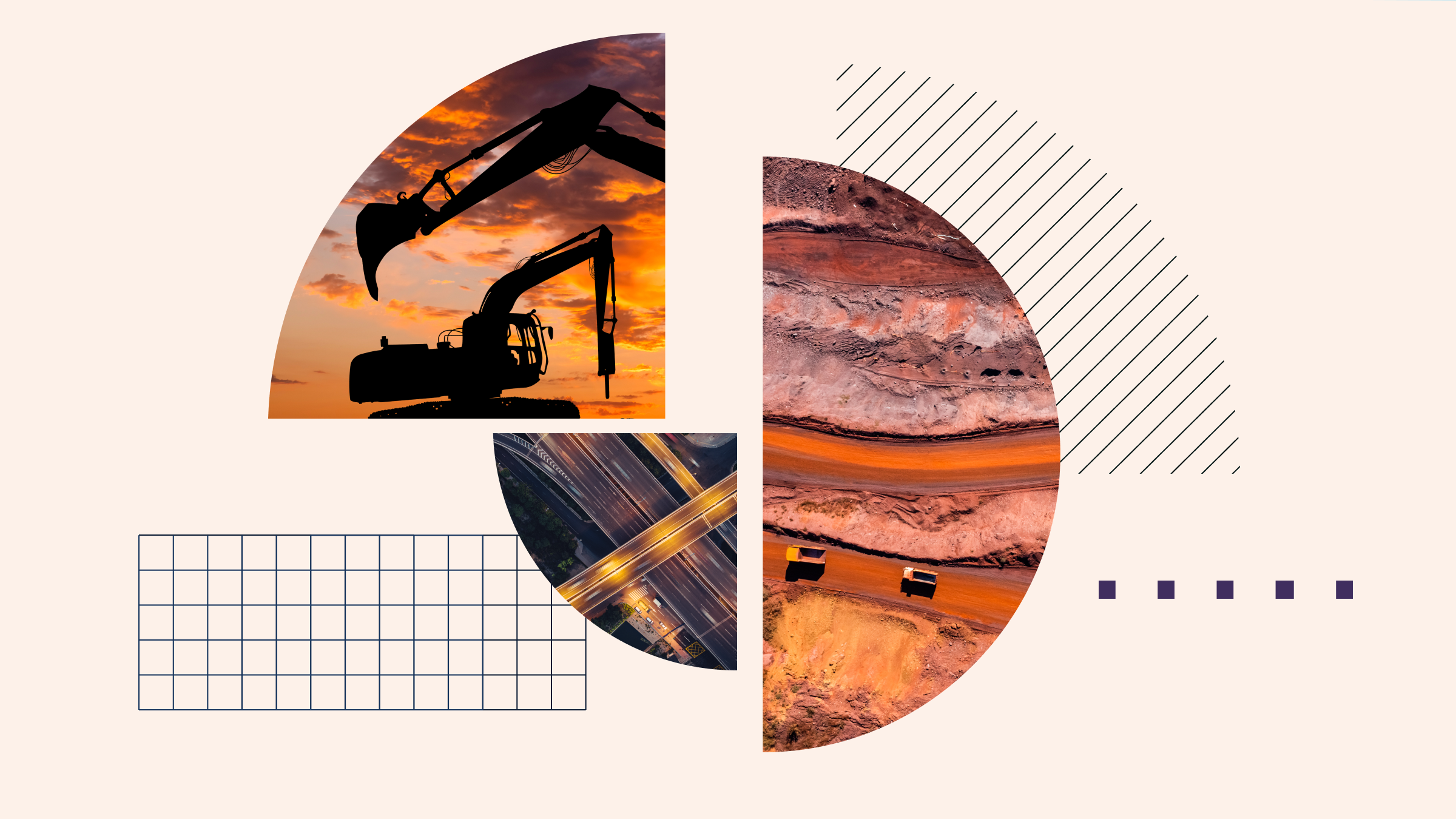 Collage illustration featuring mines, industrial equipment, and infrastructure within a pie chart.