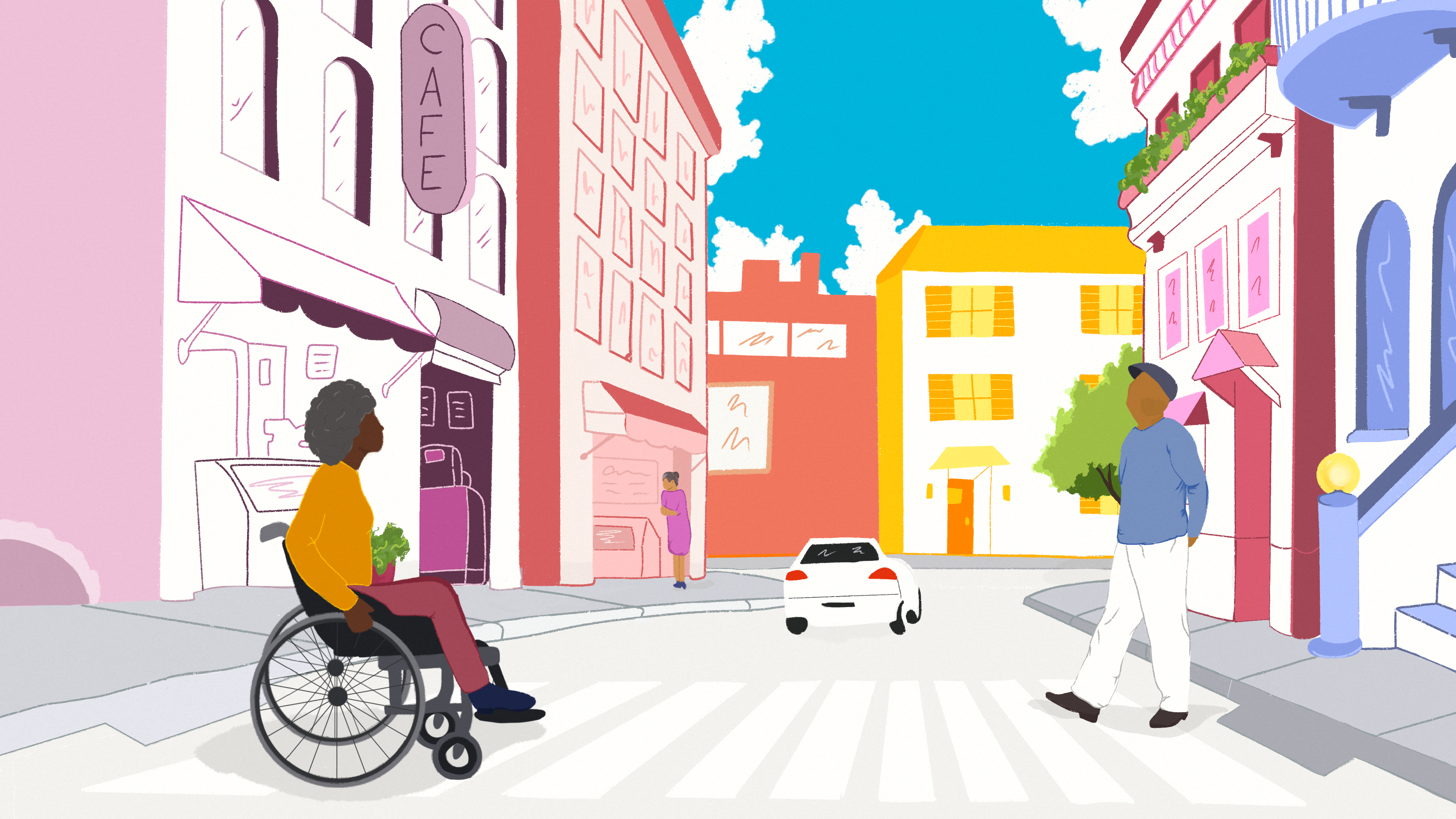 Colorful city scene with retirees crossing the street, one gazing at the sky, another in a wheelchair, while a woman shops at a store in the background.