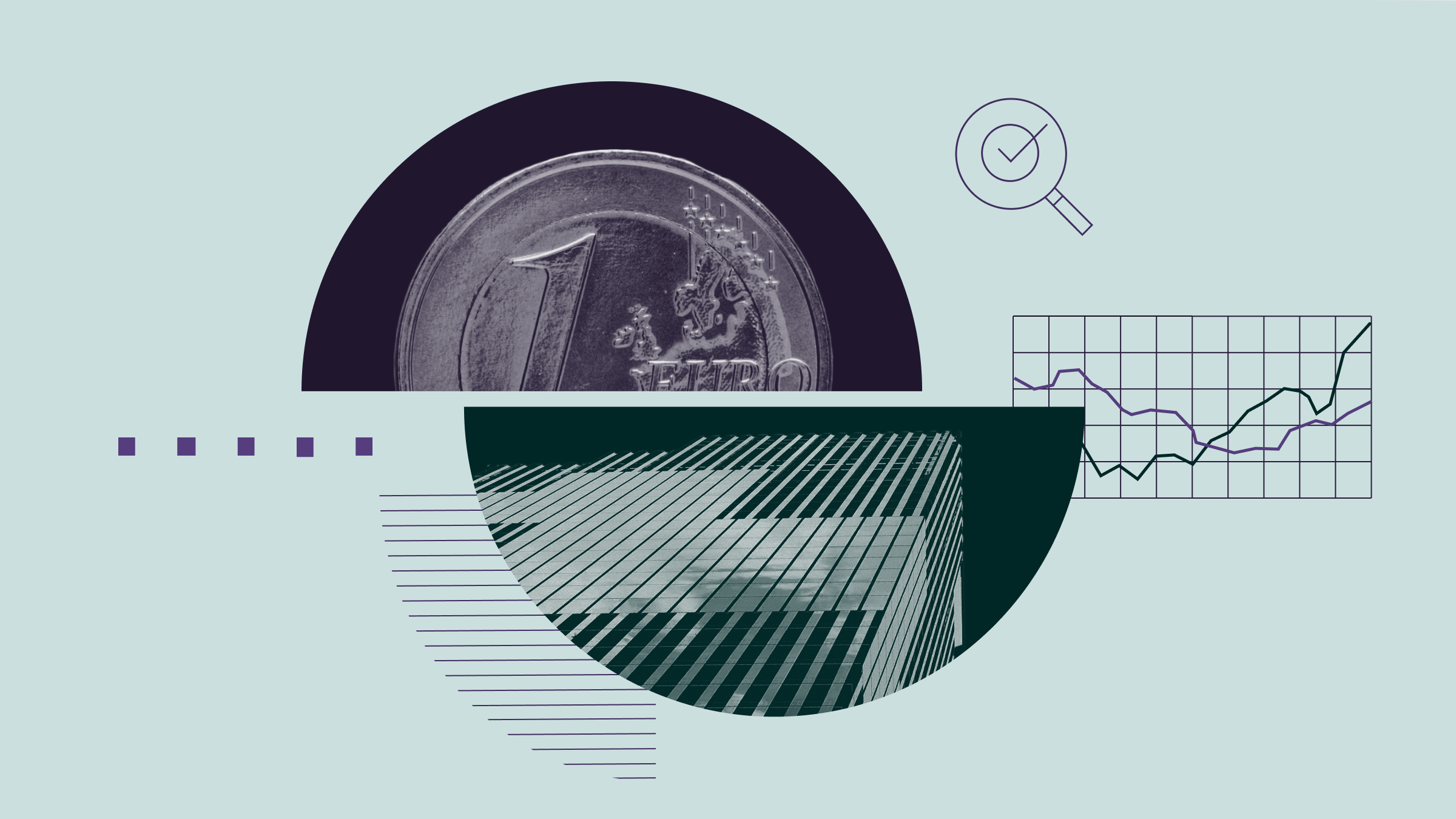Ilustración collage con una moneda de euro, un rascacielos urbano y elementos gráficos abstractos.