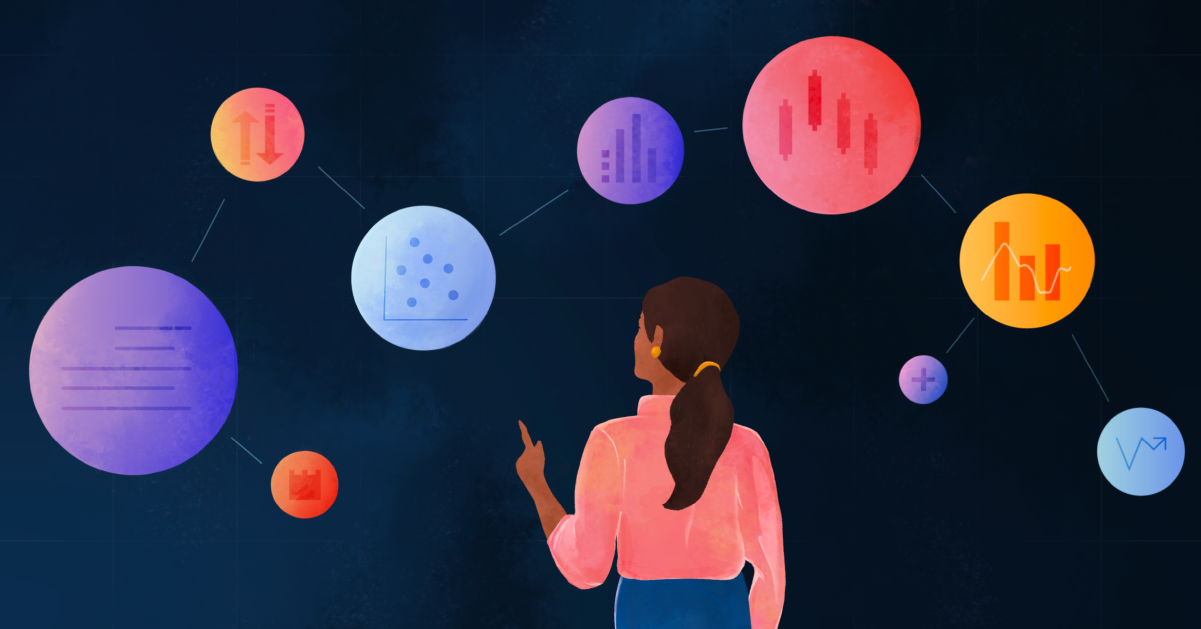 Illustration of investor pointing at a network of colorful data point spheres