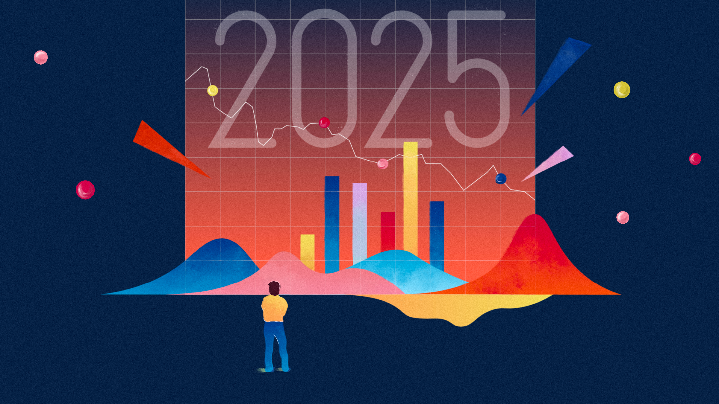 Illustration von grafischen Elementen mit der Jahreszahl "2025" in der Mitte und einer Person, die in die Ferne schaut