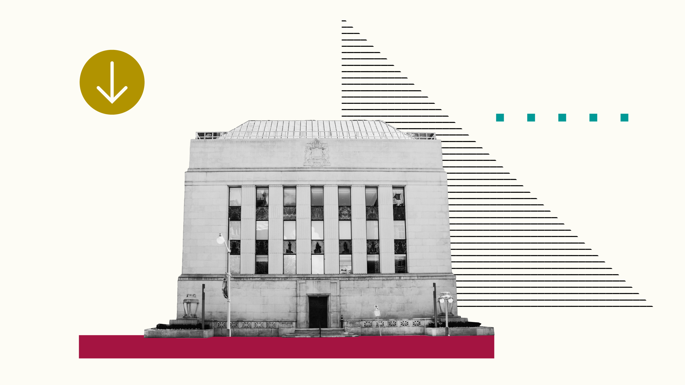 Collage illustration of the Bank of Canada with background shapes and icons