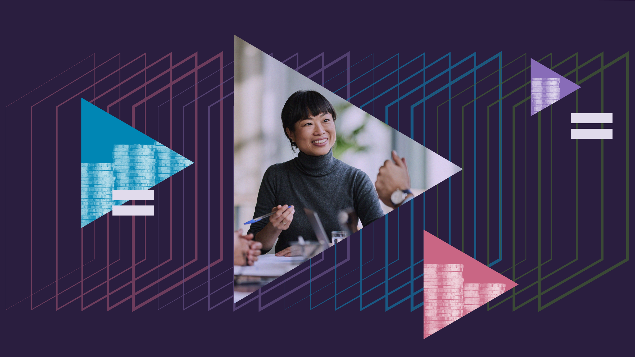 Illustration collage for International Women's Day with a businesswoman in triangles, plus stacks of coins and equal signs