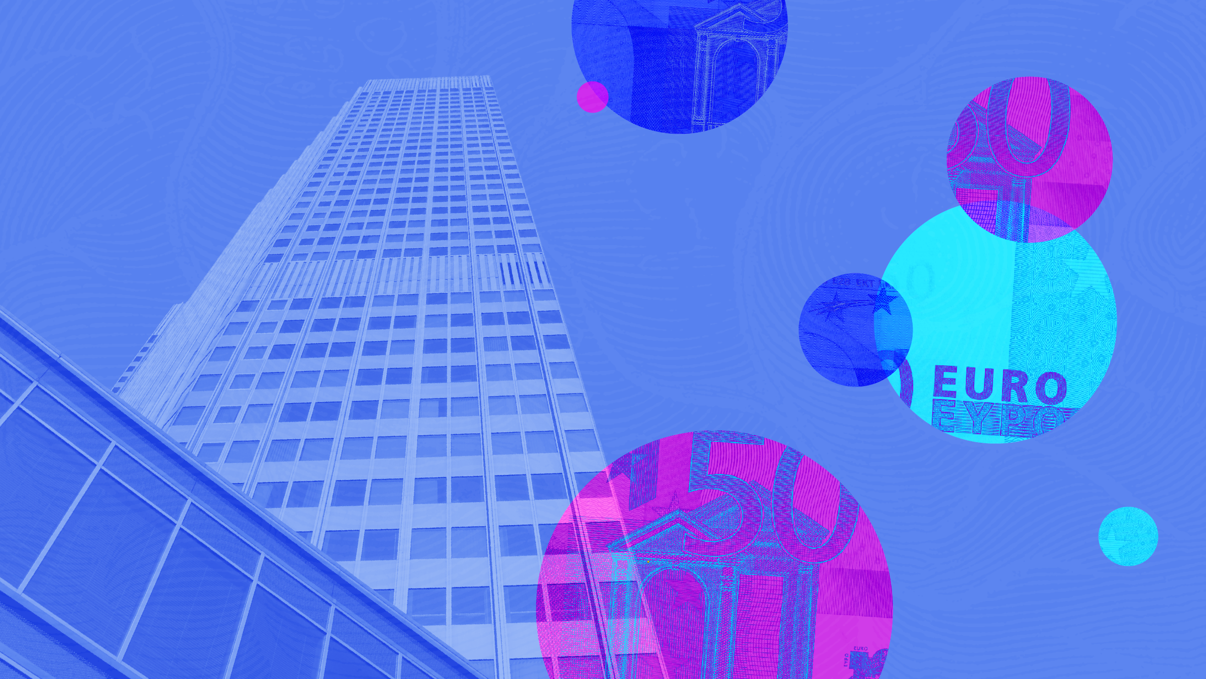 Une illustration de collage qui montre comment la banque centrale européenne a réagi à la bulle spéculative qui s'est déclarée et à la baisse du taux d'intérêt de l'euro.