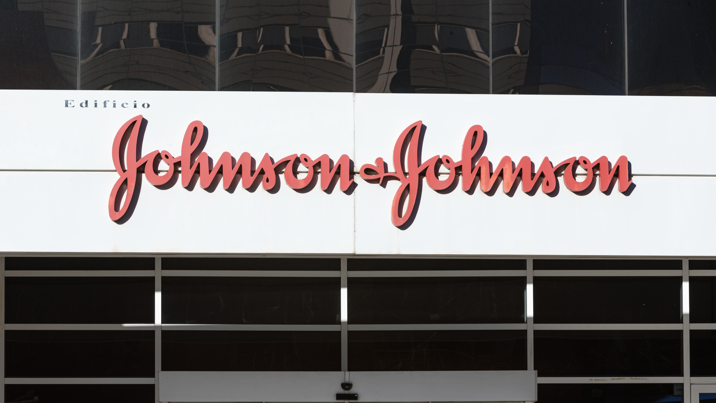 A sign for Johnson & Johnson is seen outside the headquarters.