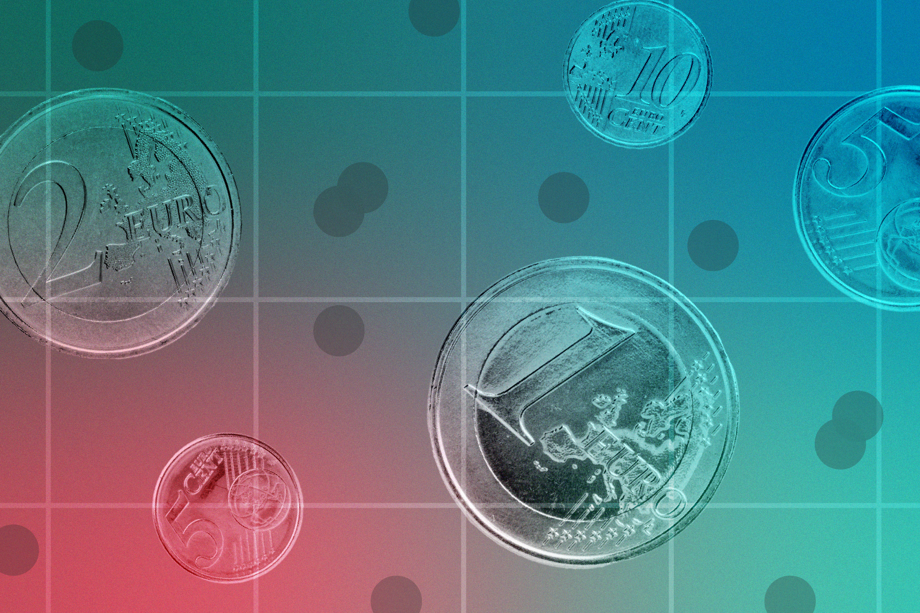 Photo collage illustration of bar graphs with floating euro coins