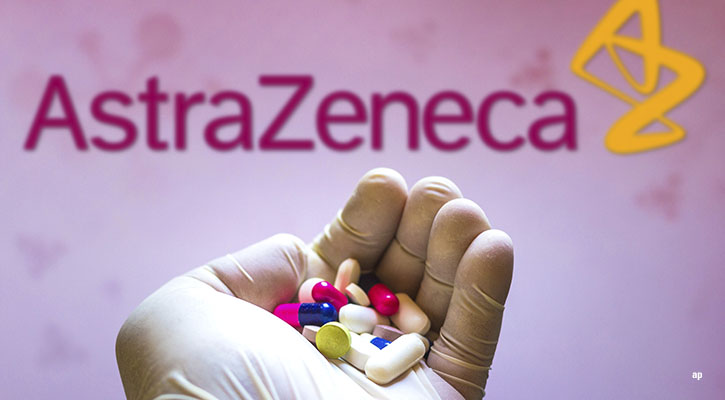 astrazeneca logo and hand full of pharmaseuticals