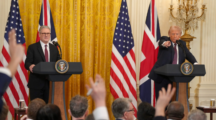 Donald Trump takes questions from the press at a press conference with Sir Keir Starmer in Washington DC on 27 February 2025.