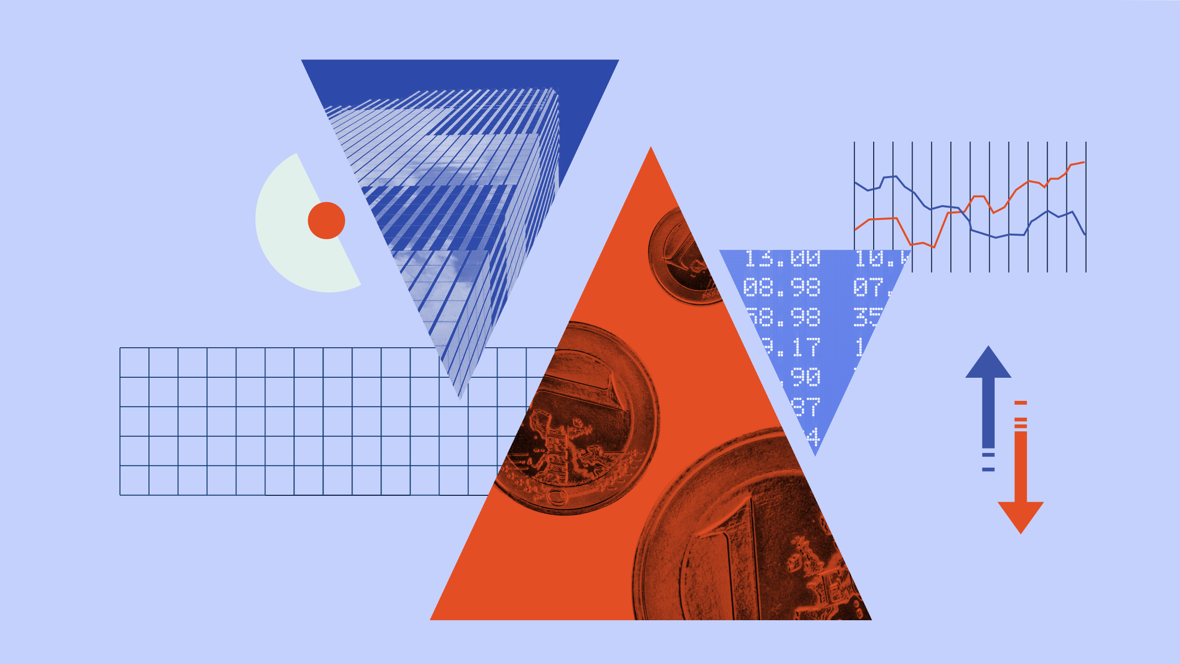 Collage illustration featuring triangles pointing up and down, with photographs of coins and a city building integrated into the design, alongside various graphical elements.