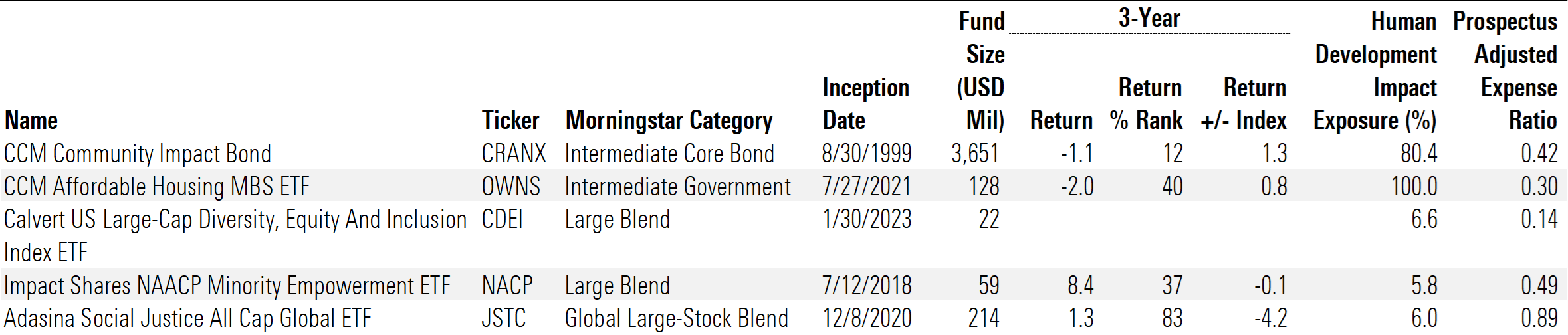 Table showing key statistics for five funds that invest in racial and ethnic diversity, as detailed throughout the article.