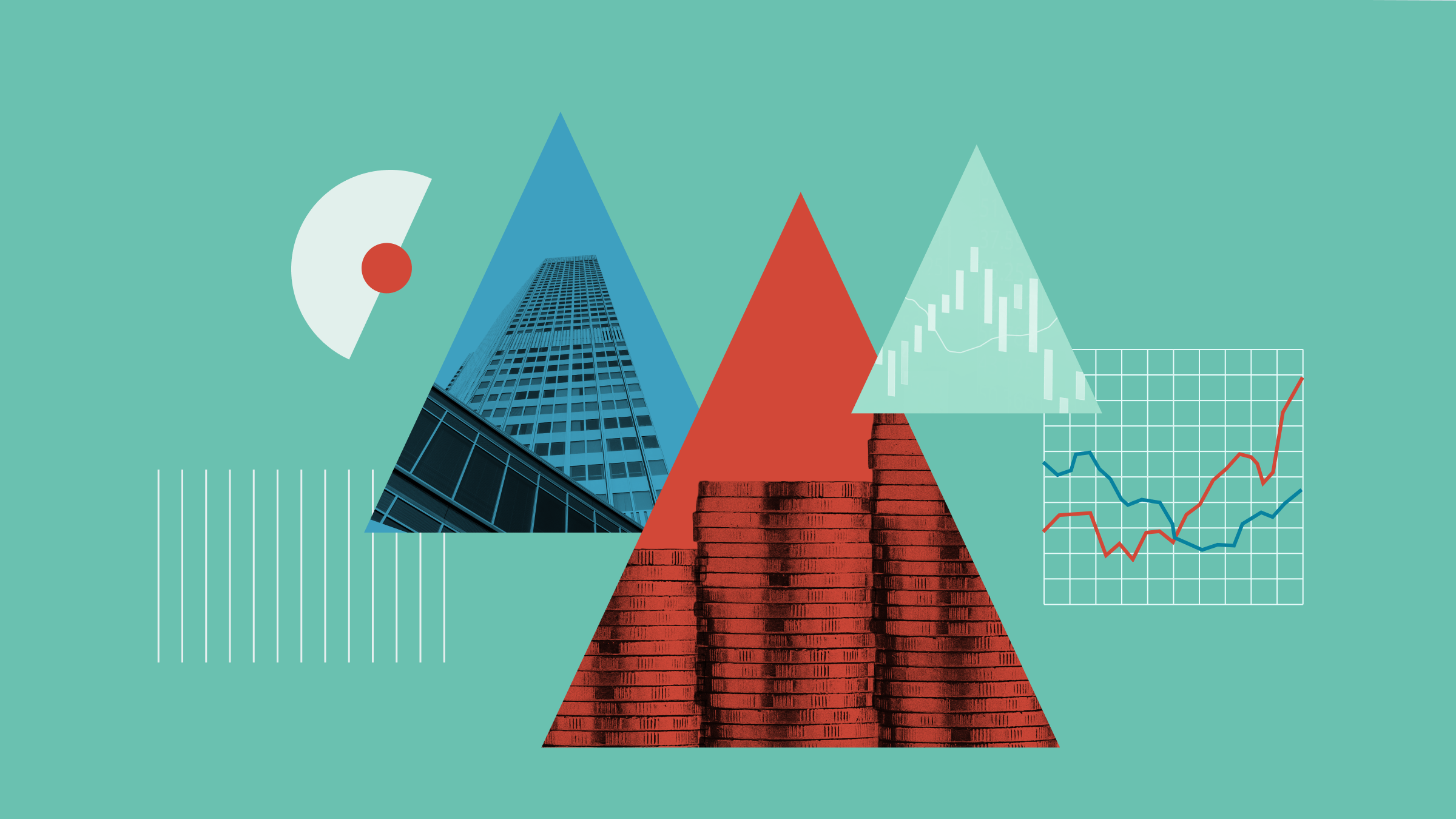 Collage illustration of three upward-pointing triangles, featuring the European Central Bank building, stacked coins, and a whisker graph.