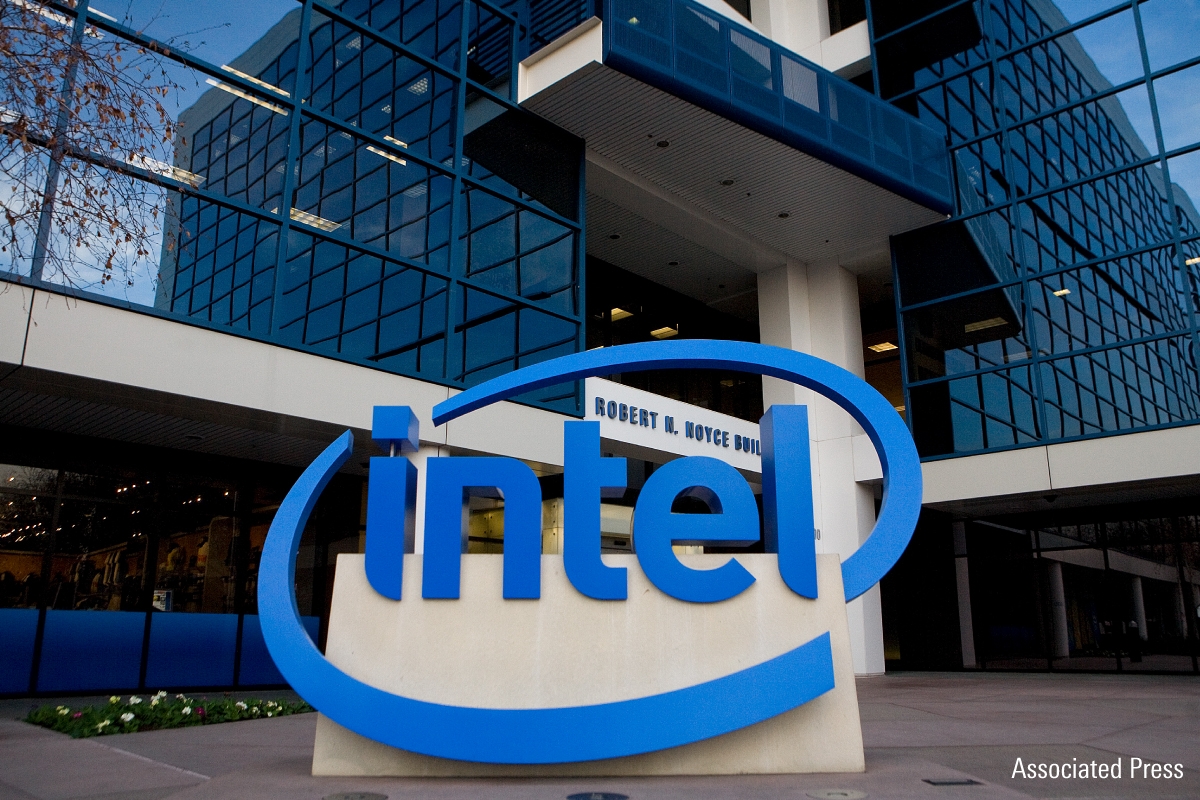 The Intel sign is seen outside its company headquarters