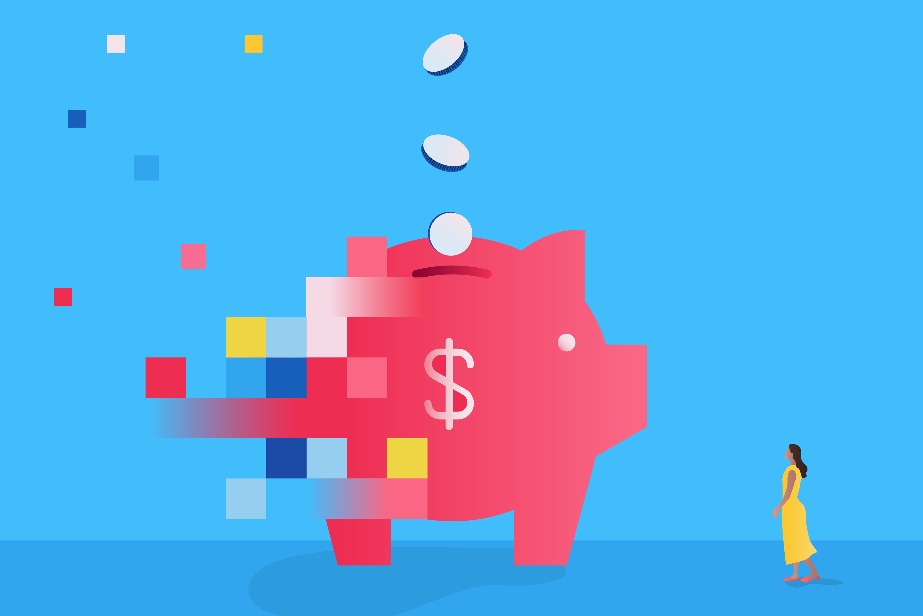 Piggy bank illustration with falling coins