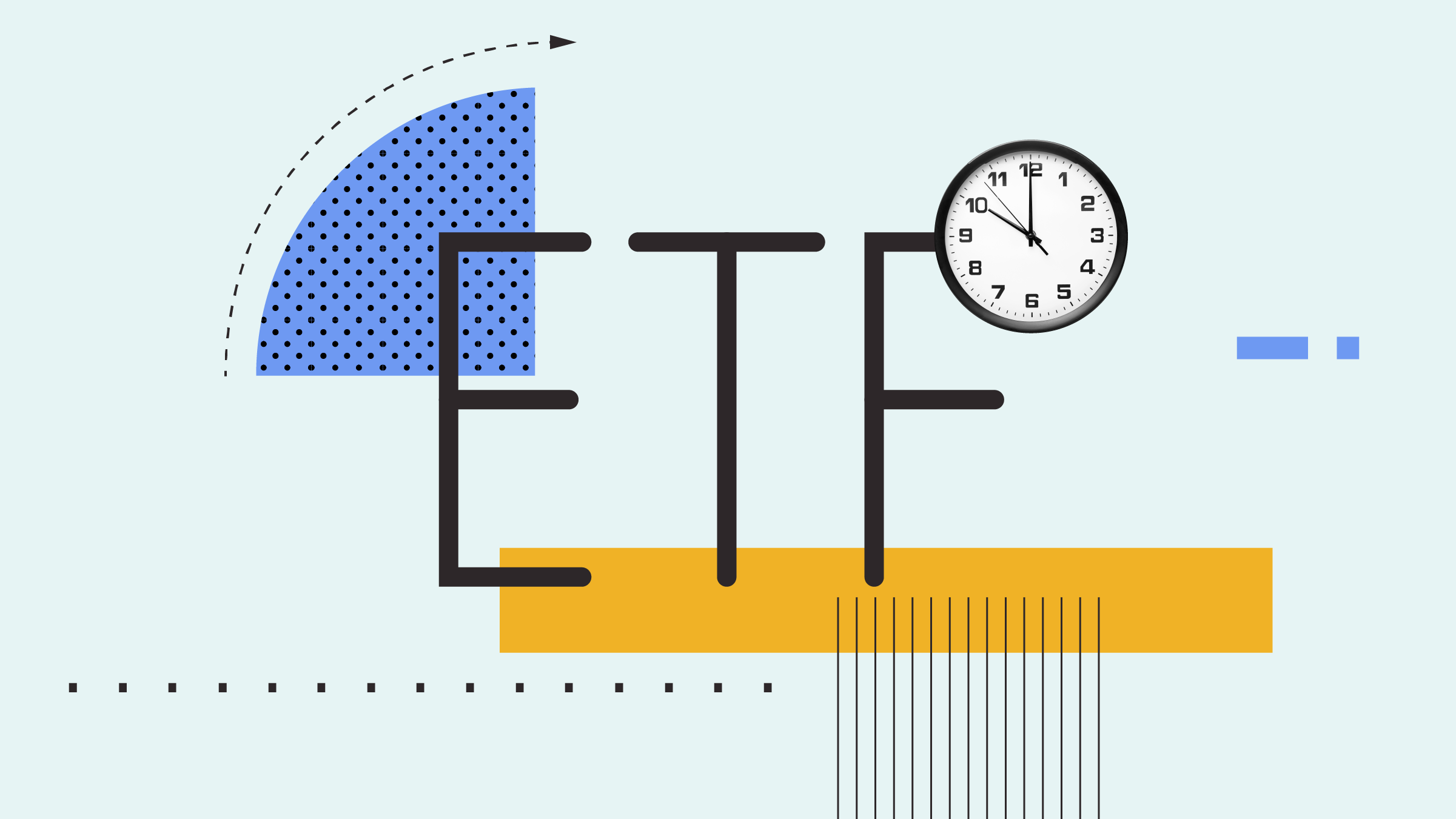 Collage-Illustration des Wortes &quot;ETF&quot; mit einer Uhr und Formen im Hintergrund.