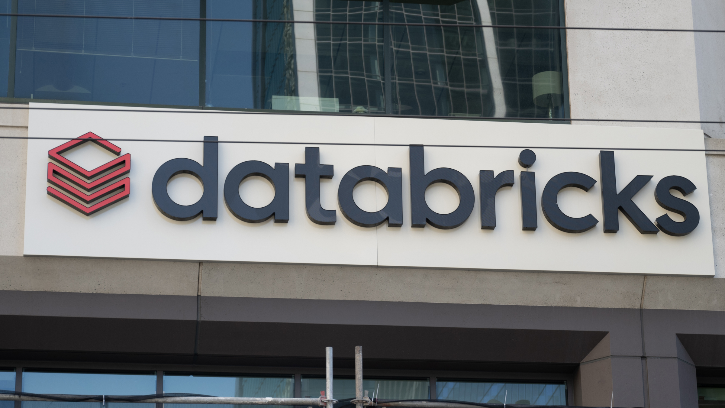 Close-up of Databricks company logo on building facade, San Francisco, California.