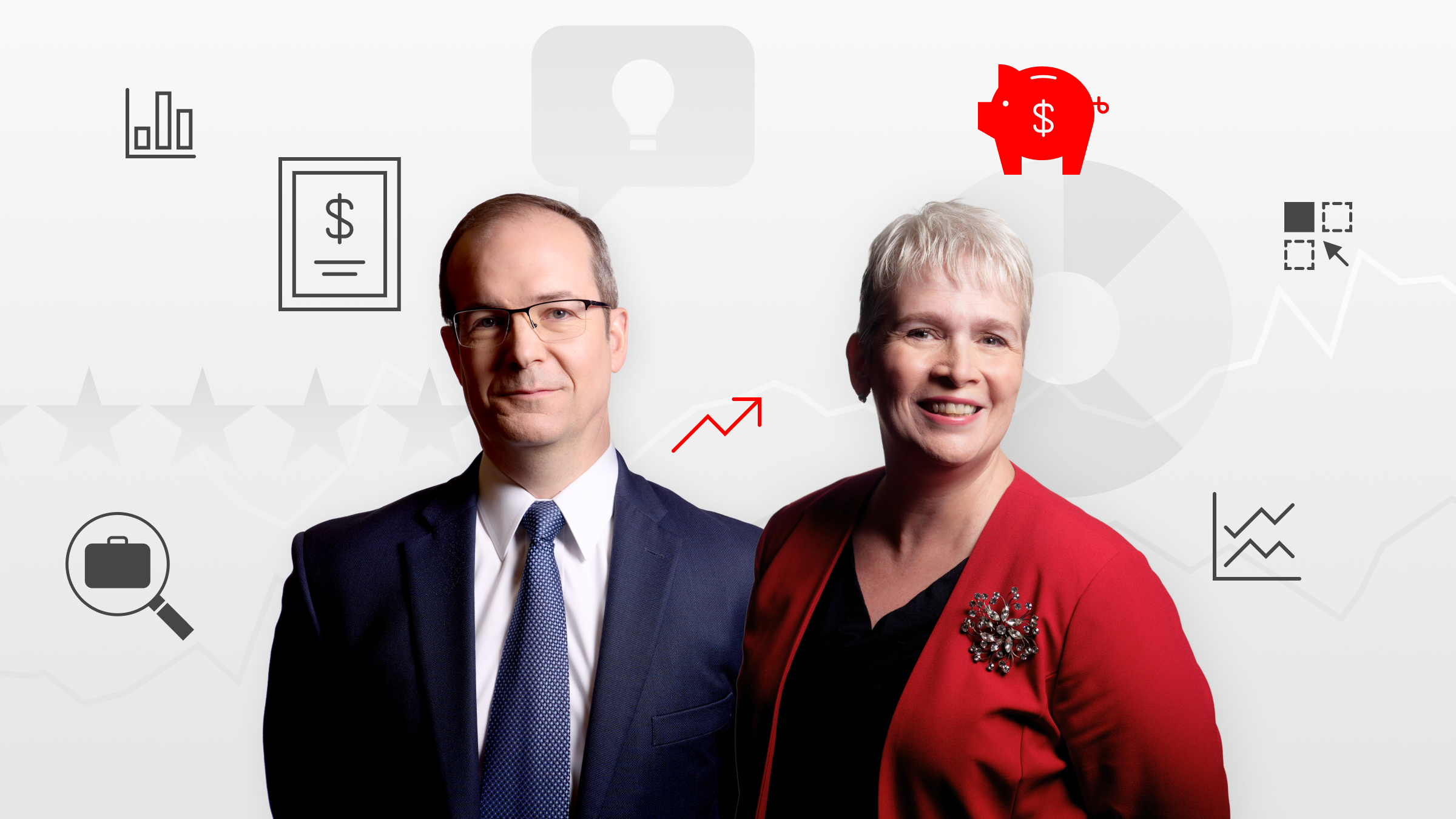 Susan Dziubinski and Dave Sekera stand against a financial-themed background with market icons, including stock chart symbols, a piggy bank, and a magnifying glass.