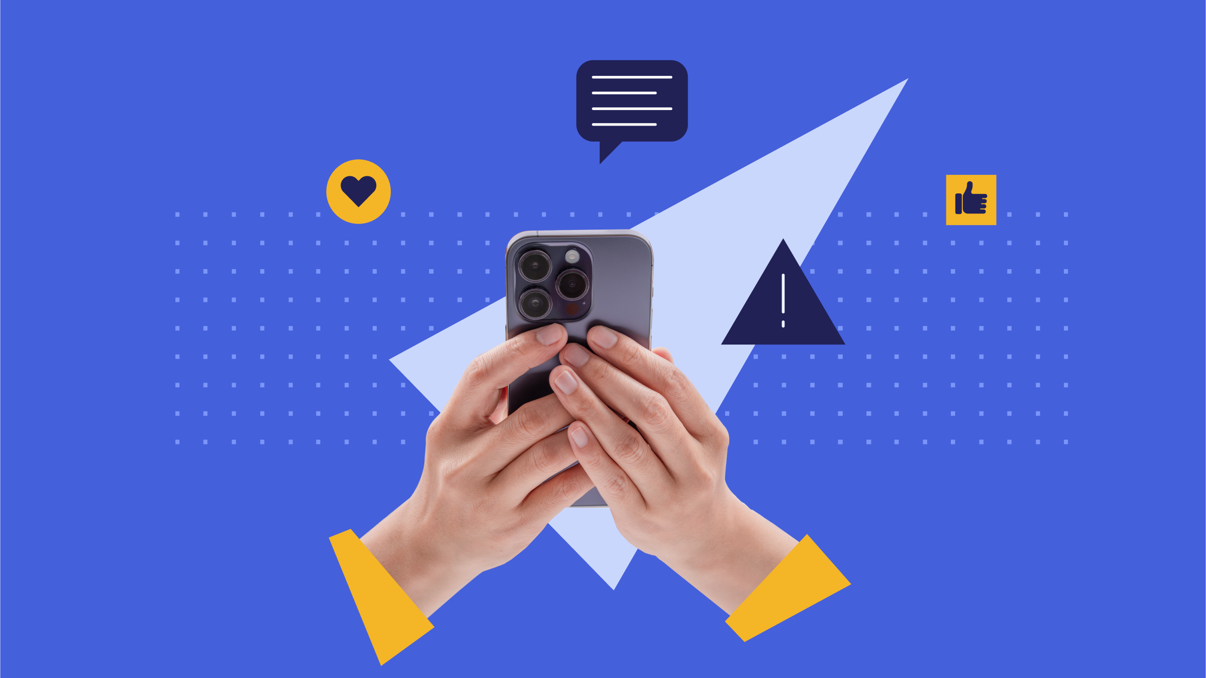 Collage-style illustration of hands holding a smartphone, with icons including a warning sign, thought bubble, heart, and thumbs-up floating in the background.