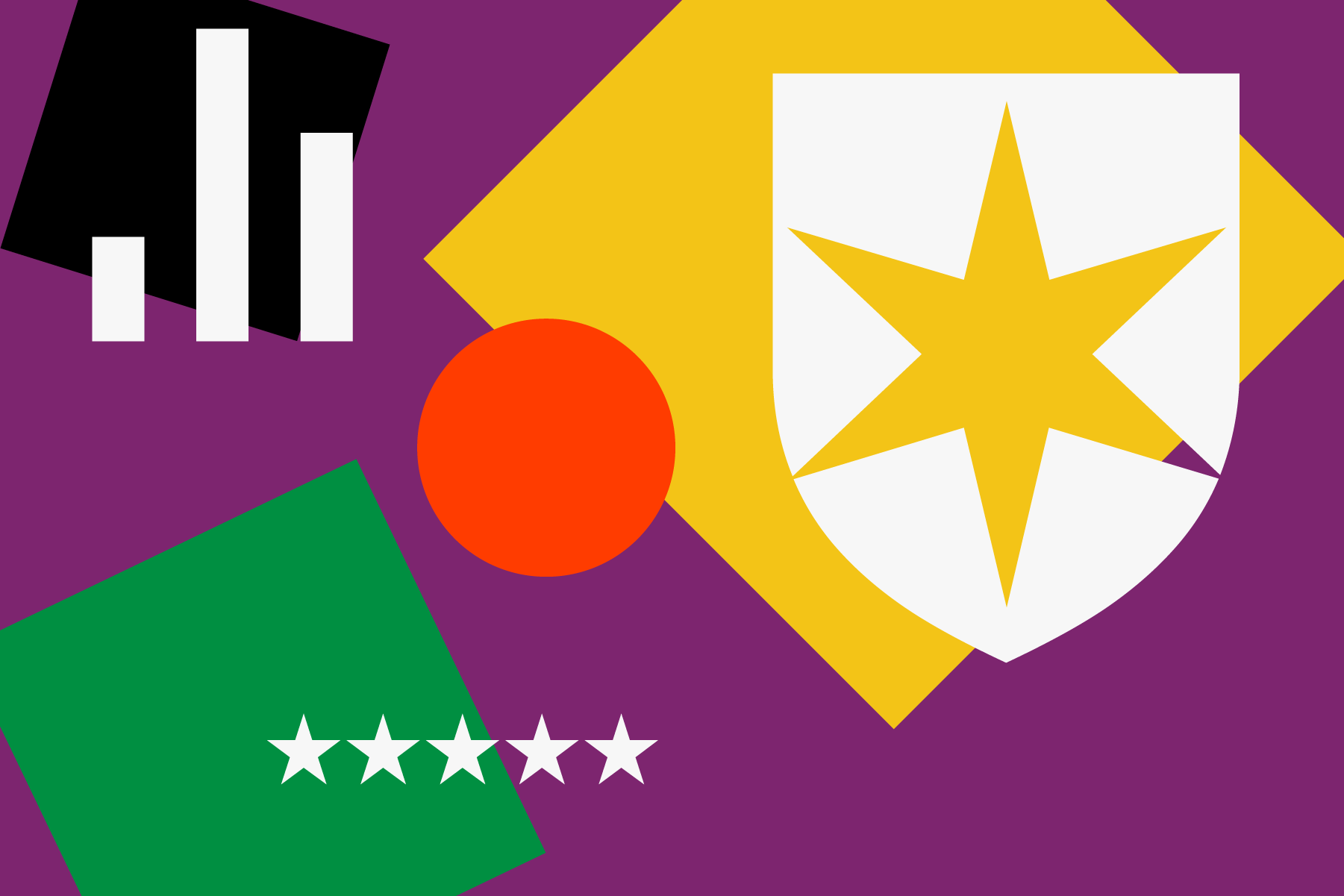 Illustration of white stars reminiscent of Morningstar's ratings system appearing over a purple background with multi-colored shapes