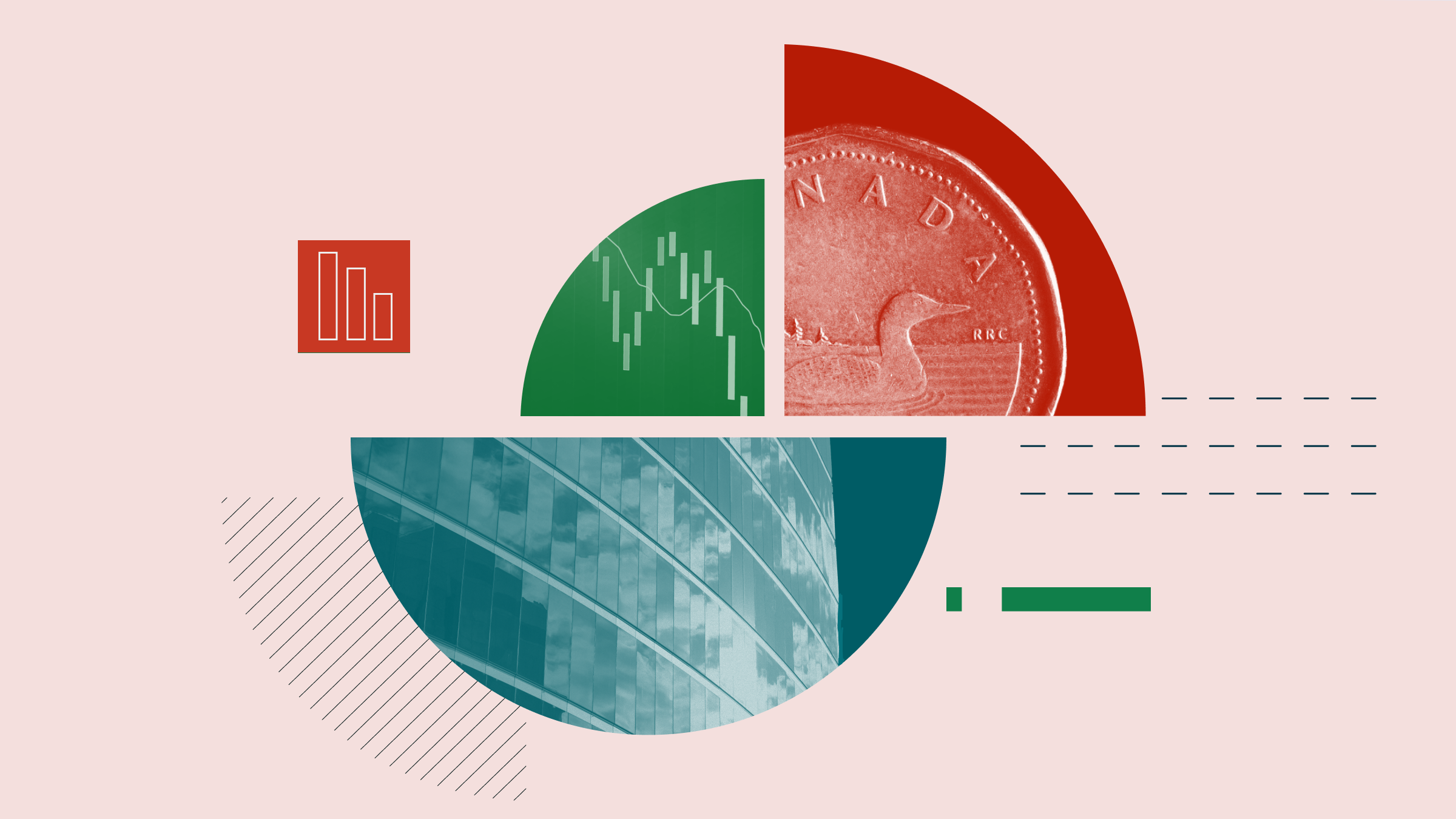 Illustration de collage représentant une pièce d'un dollar canadien, un Symbole montrant une tendance négative du marché et un immeuble de bureaux.