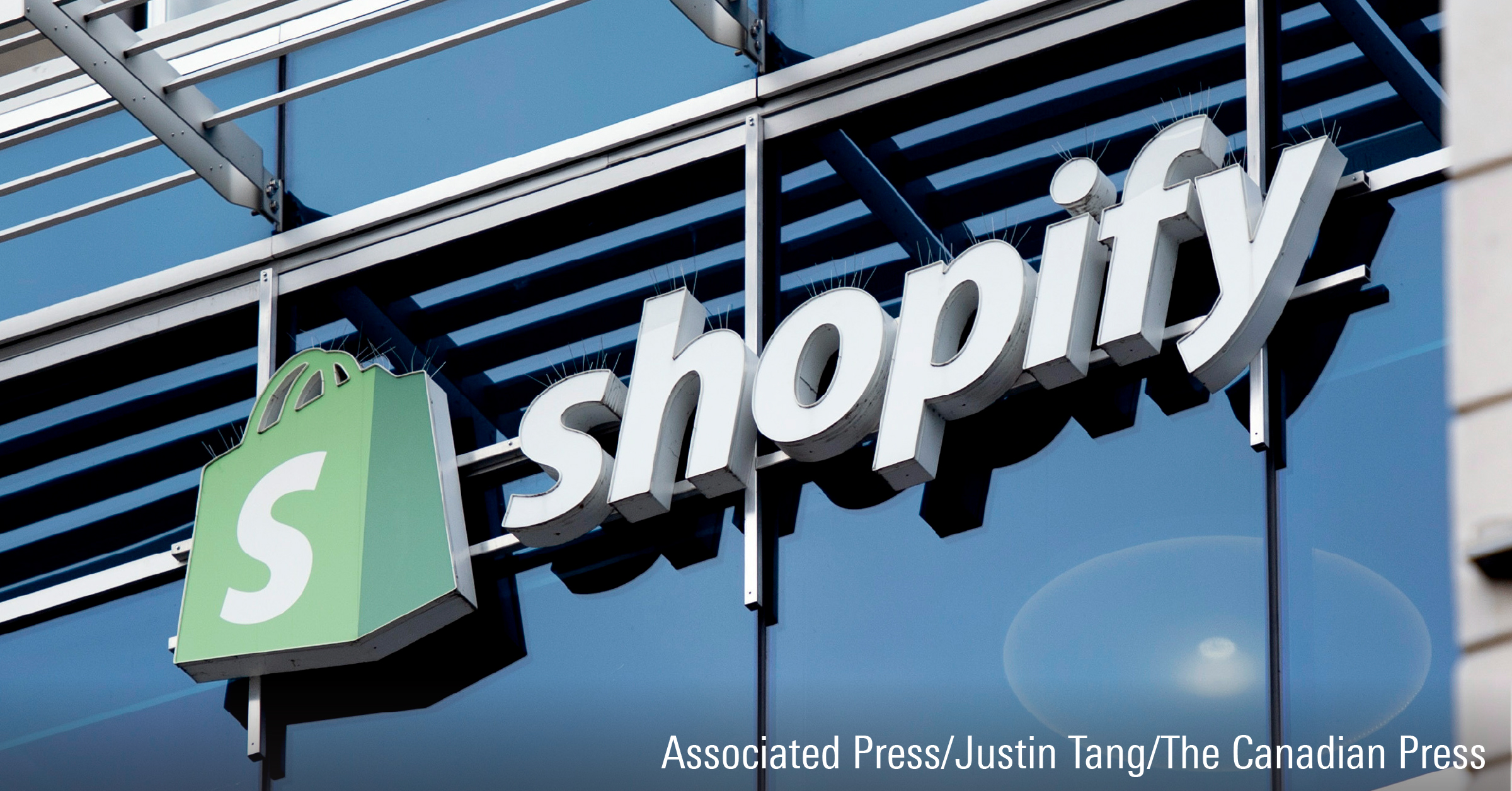 The company logo hangs on the Ottawa headquarters of Canadian e-commerce company Shopify.