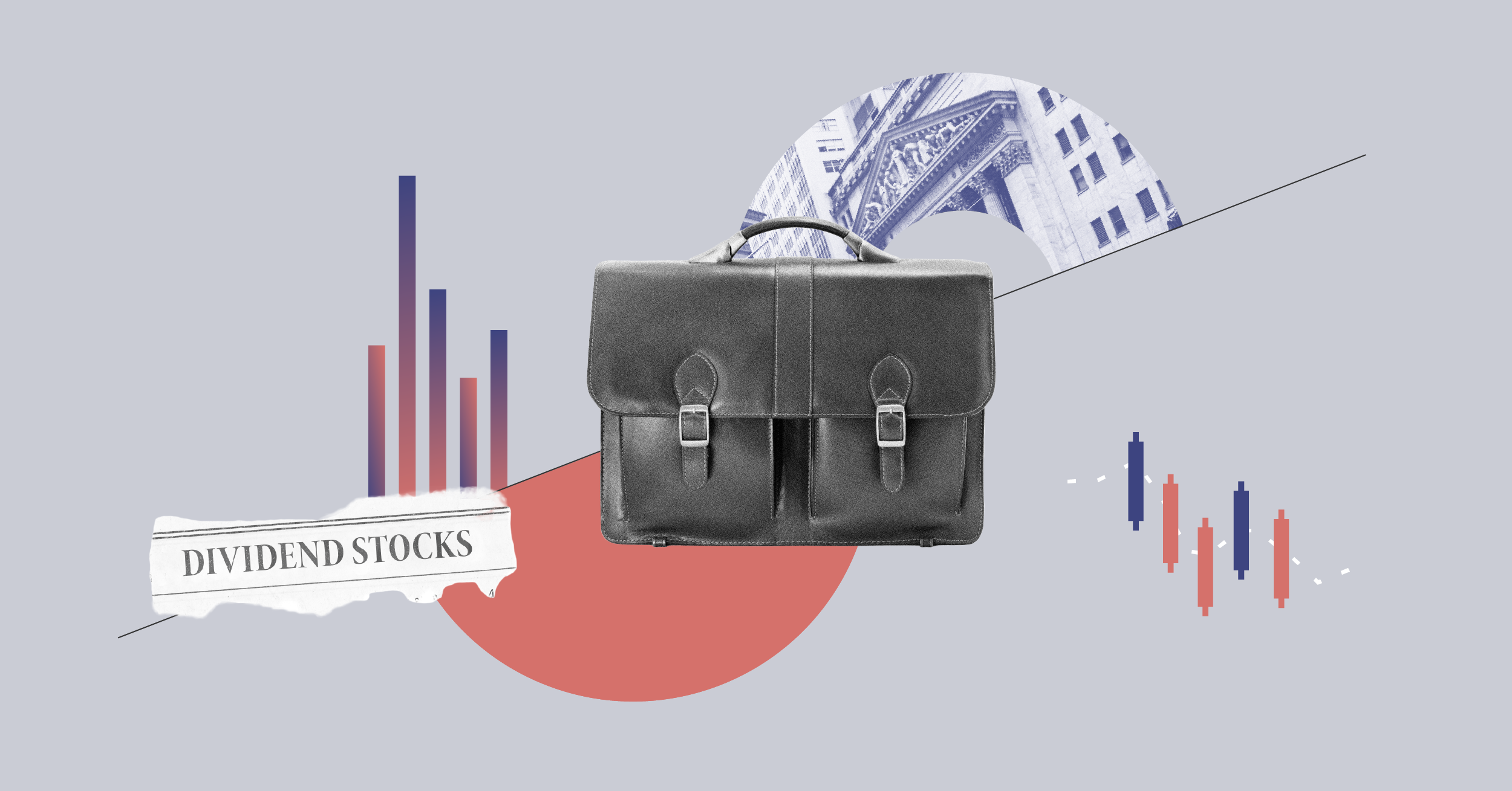 Collage featuring a briefcase, newspaper clipping about Dividend Stocks, and graphical elements.
