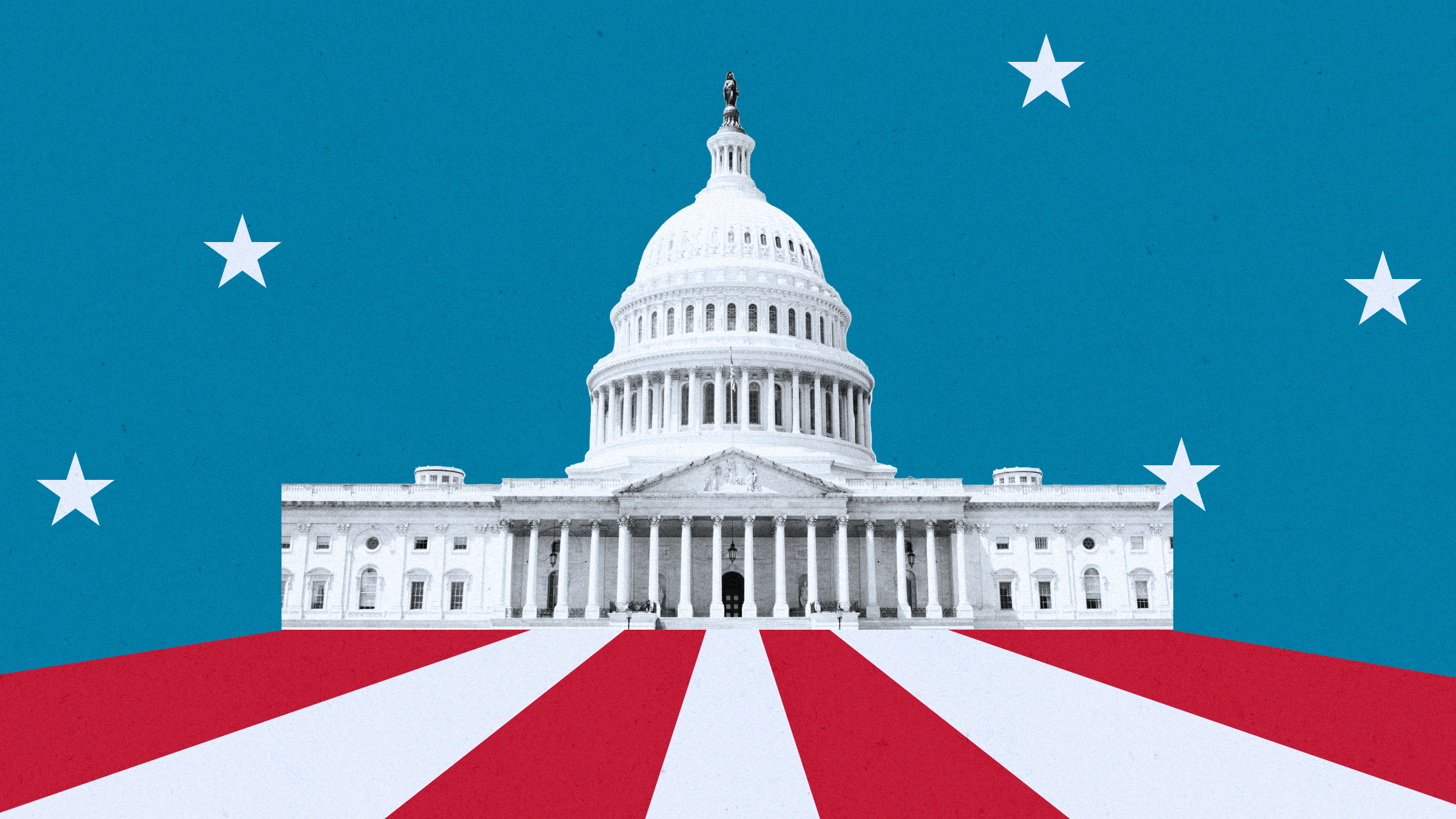 Capitol building with red and white stripes and white stars backdrop.