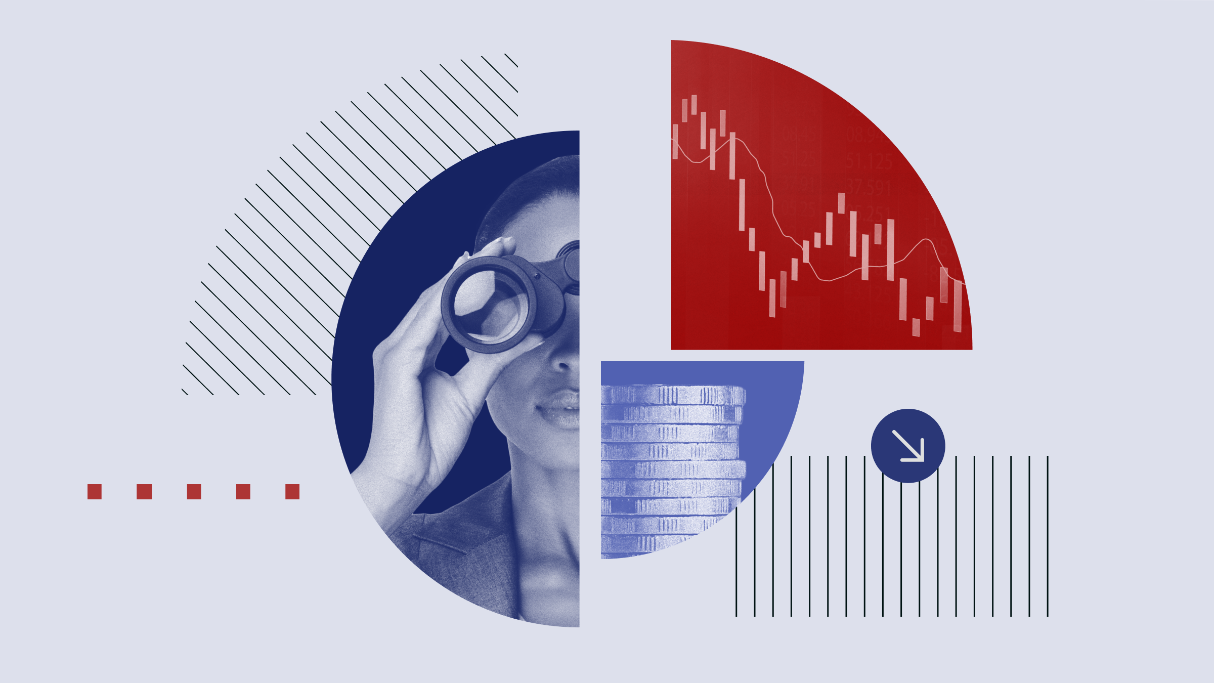 Collage illustration of pie chart featuring an investor holding binoculars, a stack of coins, and a whisker chart.