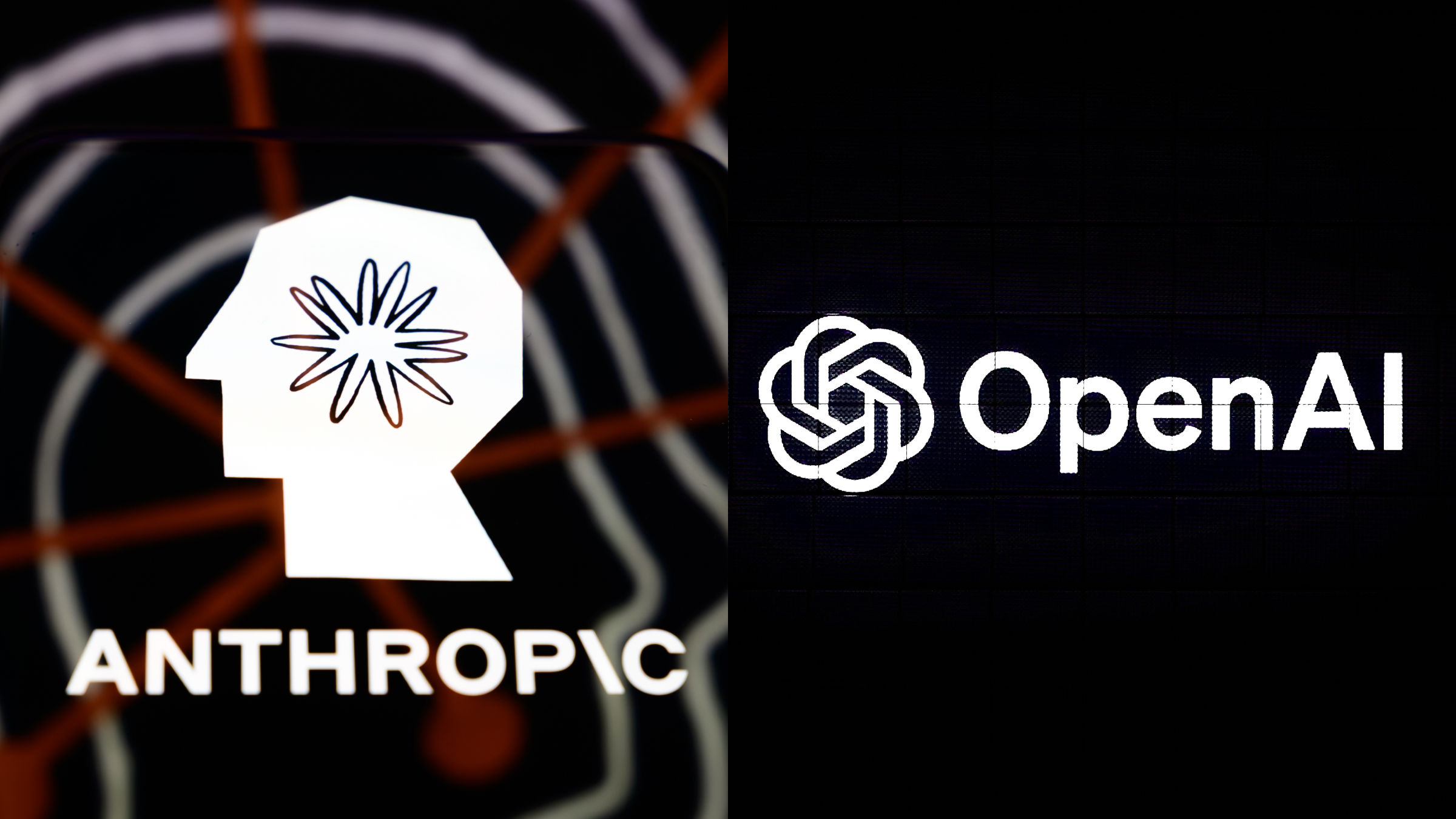 The Anthropic and Open AI logos are displayed on smartphone screens.