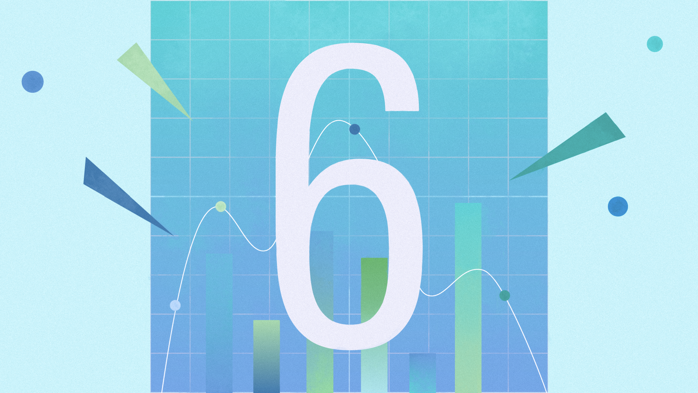 Illustration of the numeral 6 with bar graph and line chart elements