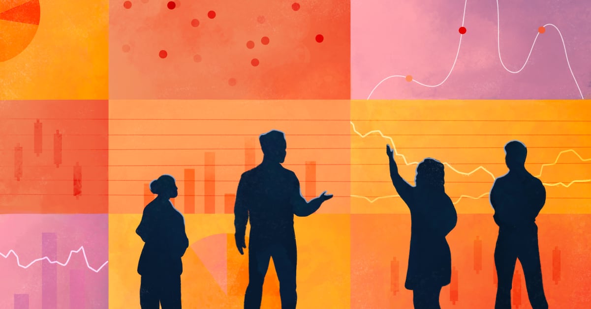 Illustration of investors discussing a patchwork of data