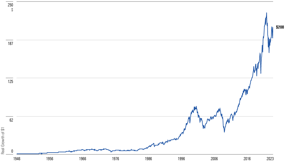 A line chart showing the real growth of $1 invested in U.S. large-company stocks, from January 1946 - November 2023.